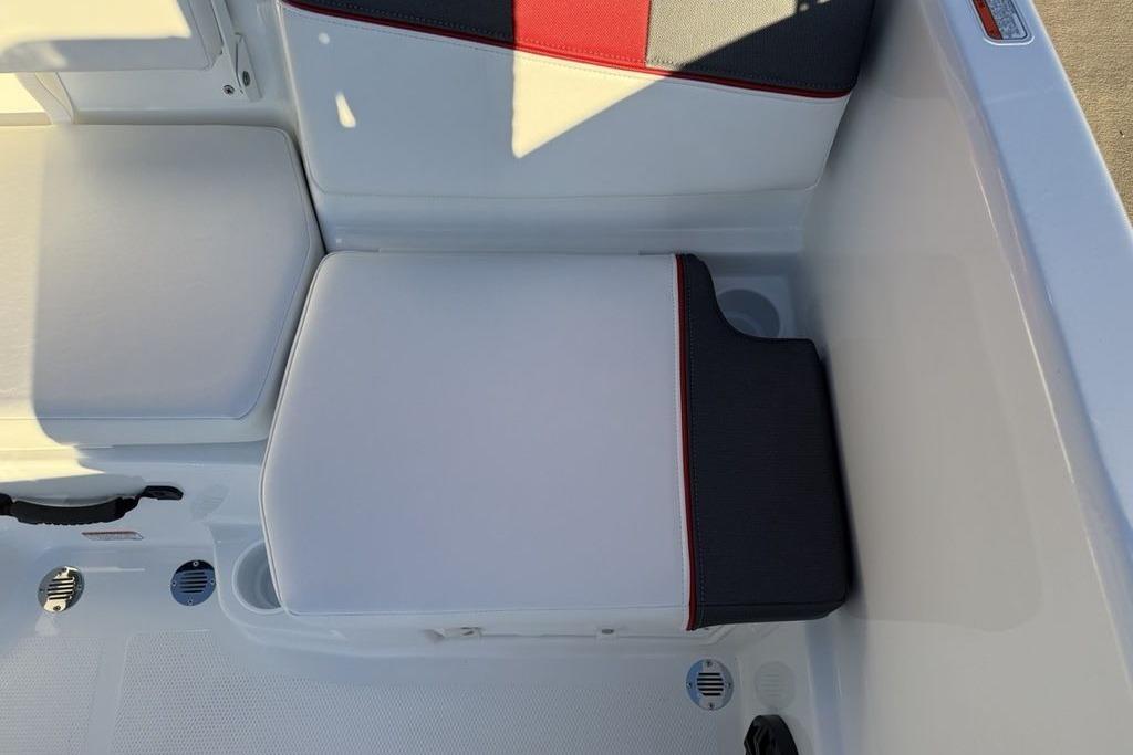 2026 Tahoe T16 boat interior seating with white and red accents.