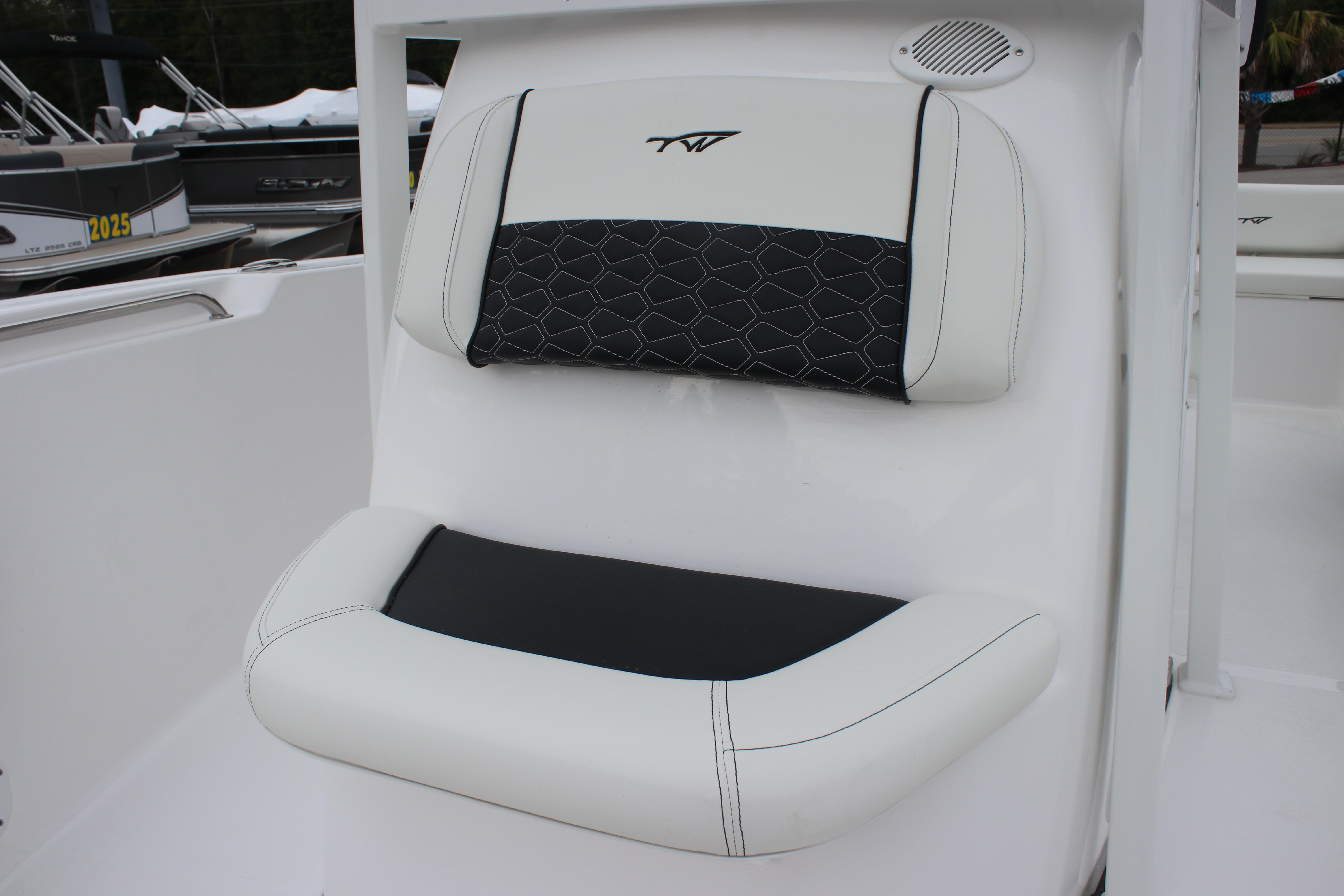 2026 Tidewater 198 CC Adventure boat seat with black and white upholstery.