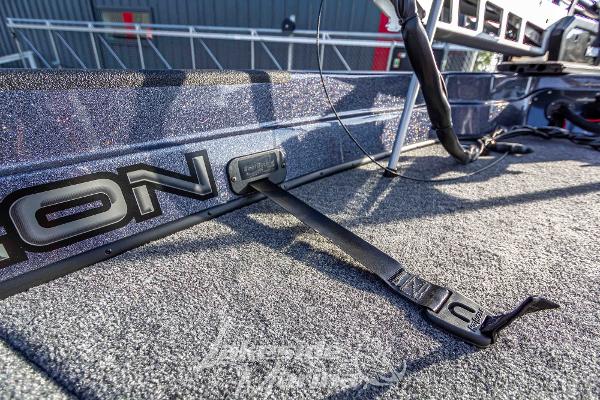 2024 Recon 985 SC boat interior with secure strap and logo.