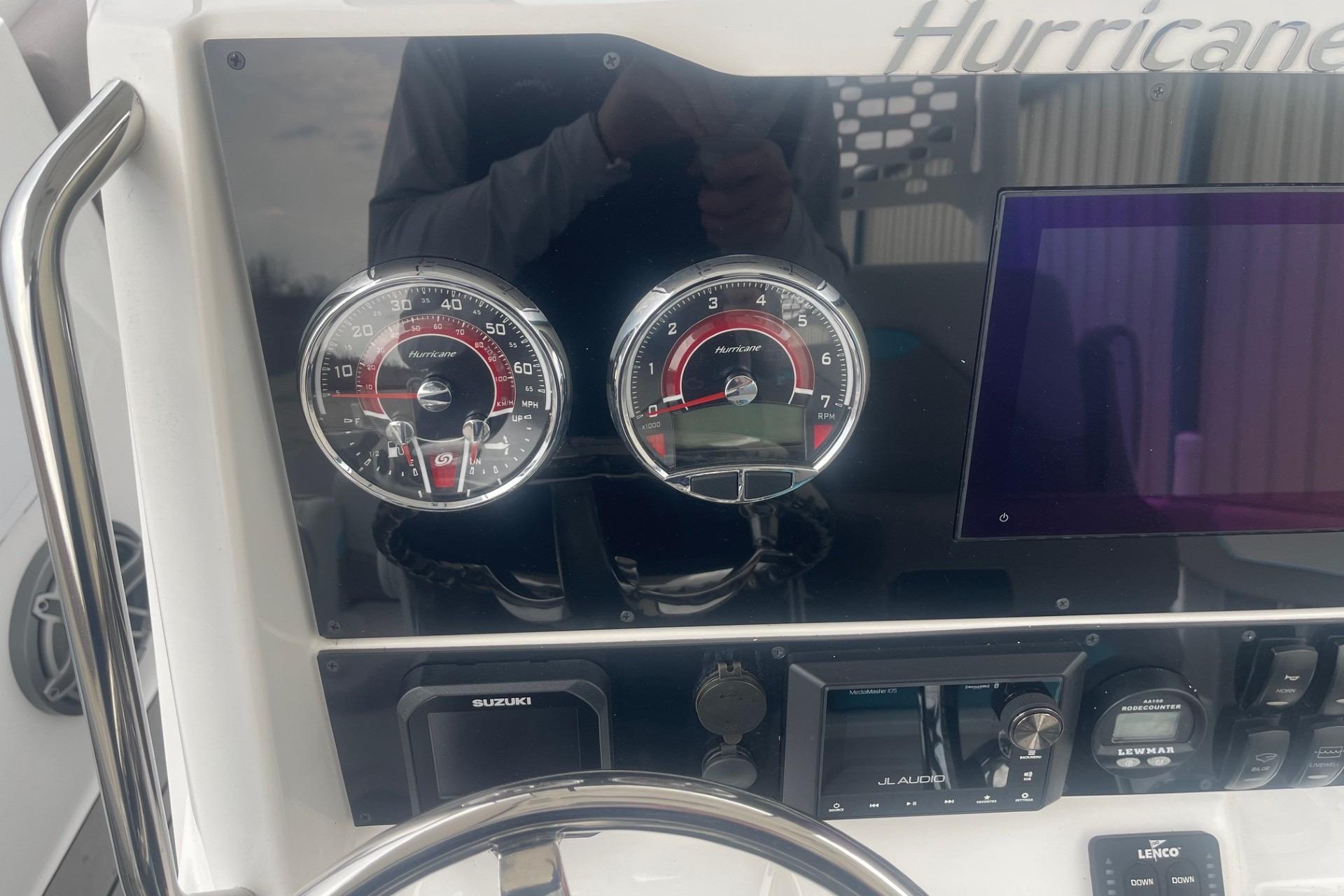Dashboard of 2025 Hurricane Center Console 24 OB boat with gauges and controls.