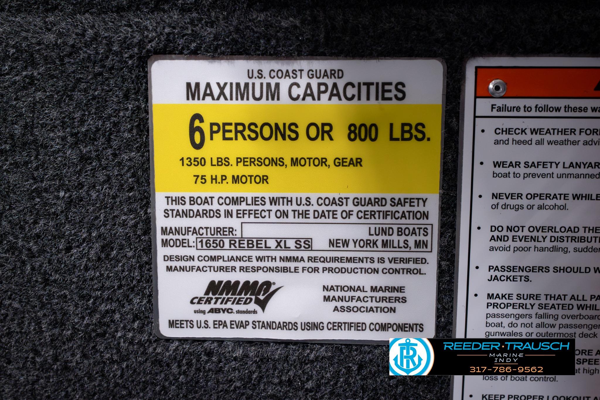 U.S. Coast Guard capacity label for 2026 Lund 1650 Rebel XL SS boat, 6 persons or 800 lbs.