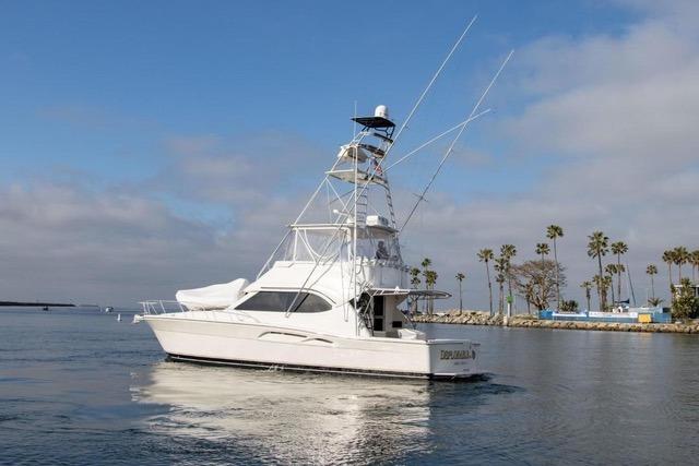 2003 Riviera 4700 Sport Yacht cruising near palm-lined shore under blue sky.