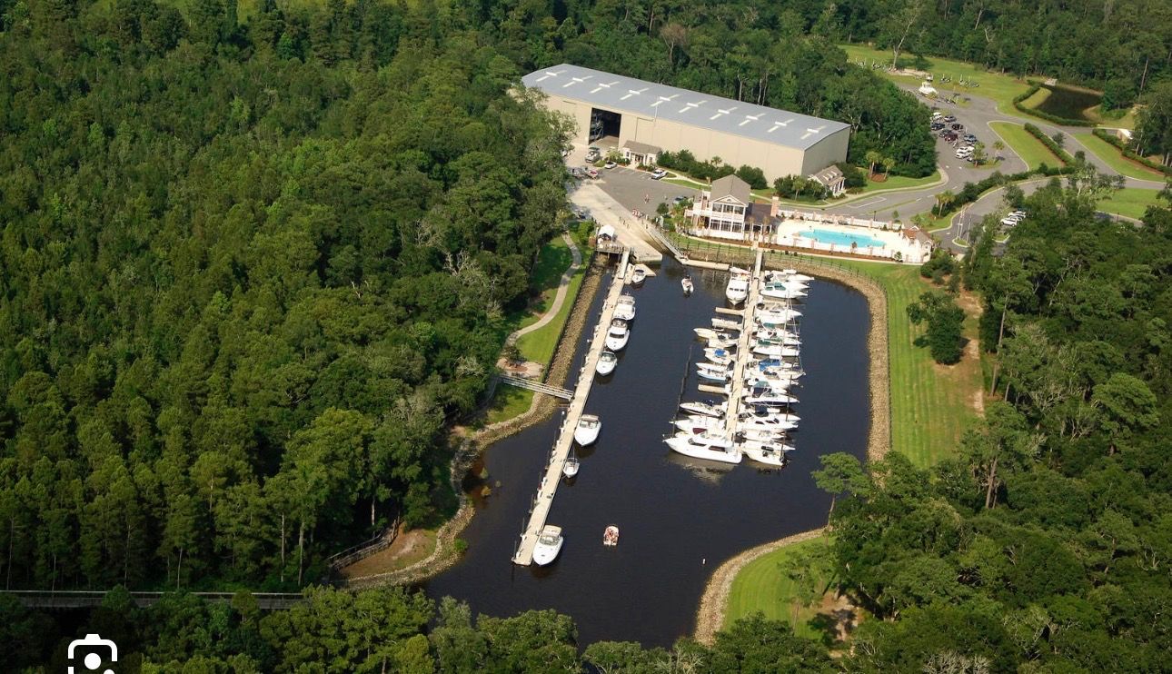 Aerial view of marina with boats and surrounding forest.