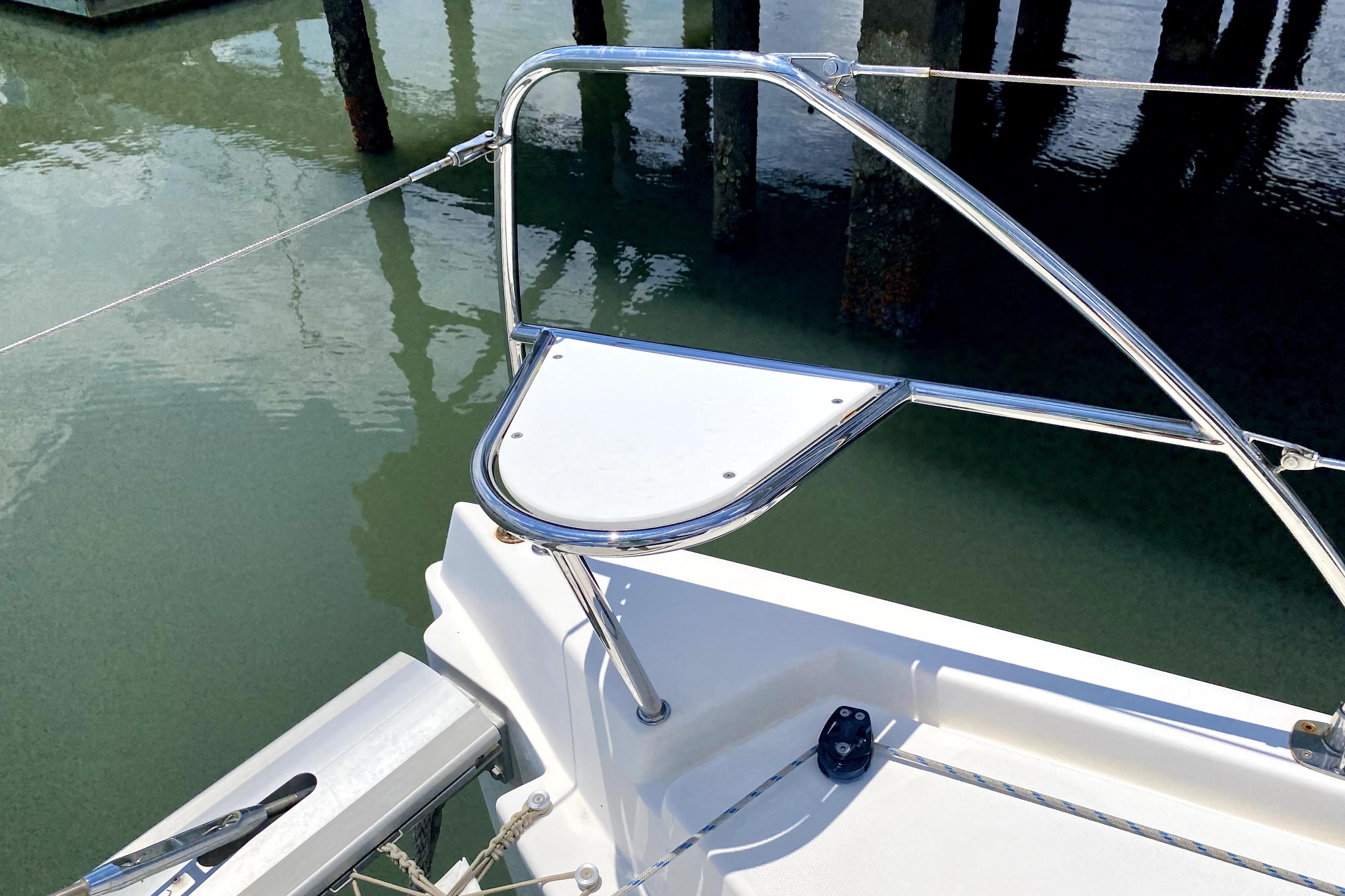 Stainless steel railing on a 2017 Leopard 40 catamaran at a dock.