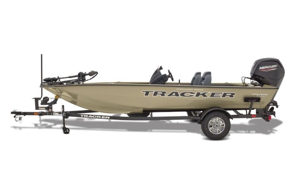 2026 Tracker Pro Team 175 fishing boat on trailer, side view.