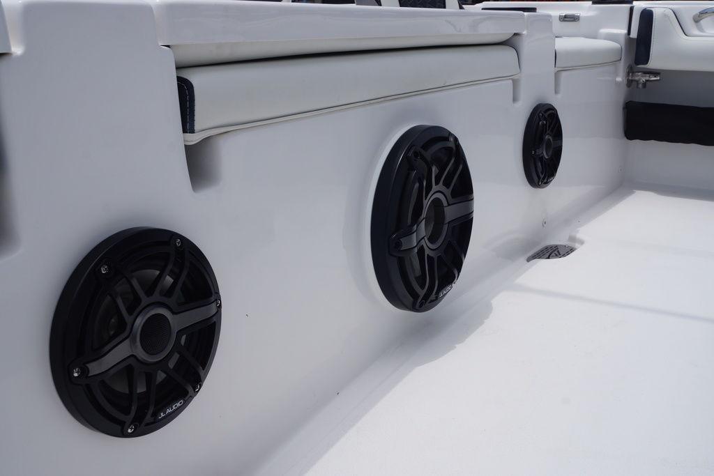 2027 Tidewater 2500 Carolina Bay boat interior with built-in speakers.