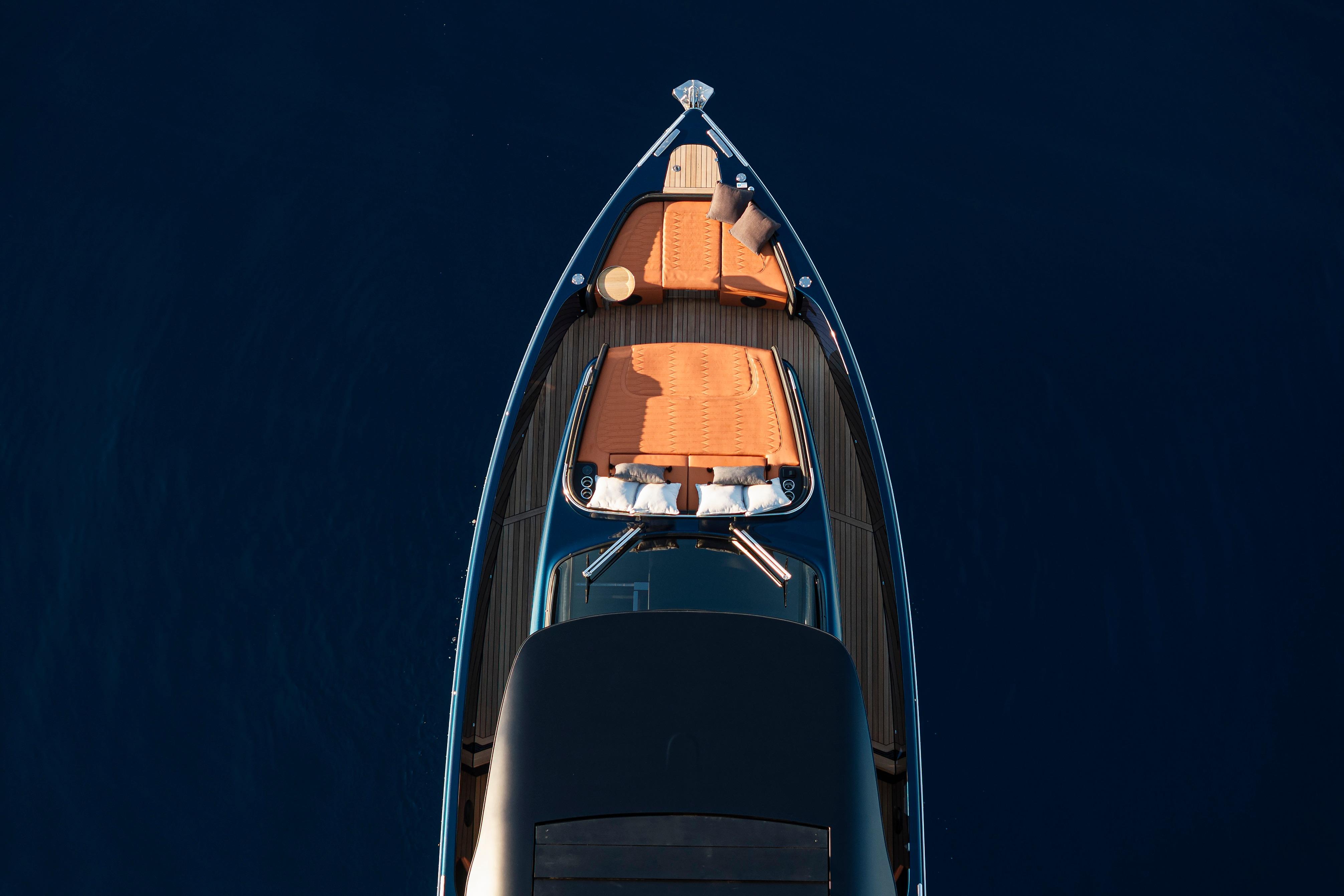 2026 Cranchi A46 Luxury Tender, aerial view, sleek design, elegant deck, deep blue water.