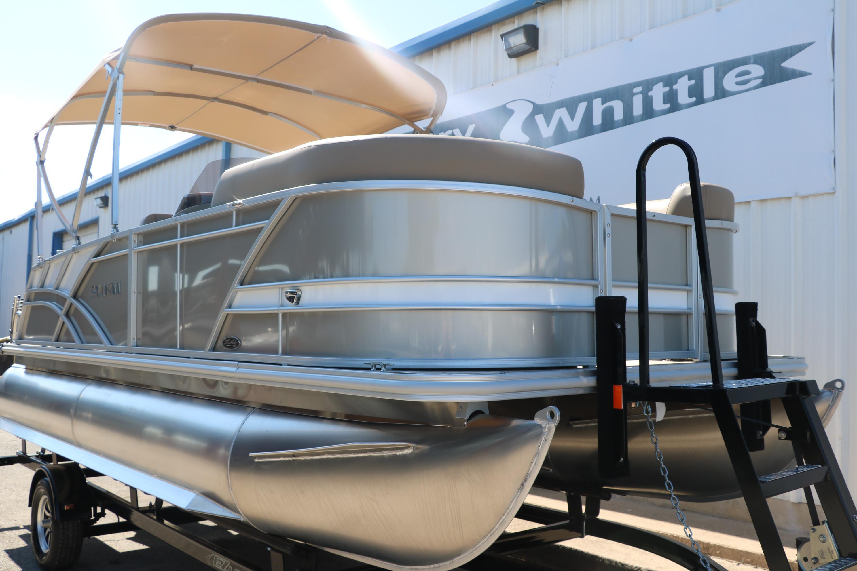 2025 Sylvan Mirage 820 CLZ DH pontoon boat with canopy, displayed on a trailer.