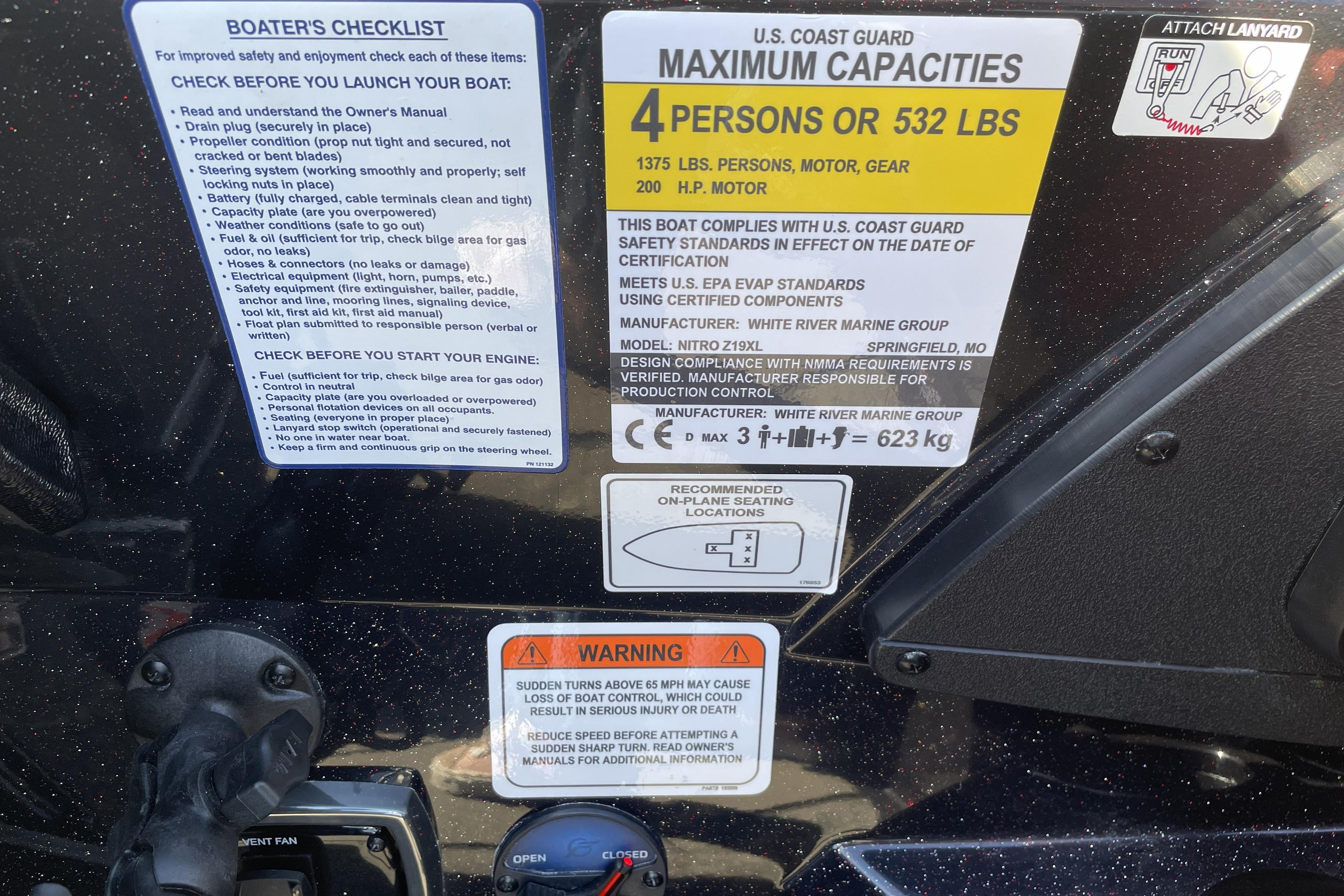 Boater's checklist and capacity warnings on a 2026 Nitro Z19 XL boat dashboard.