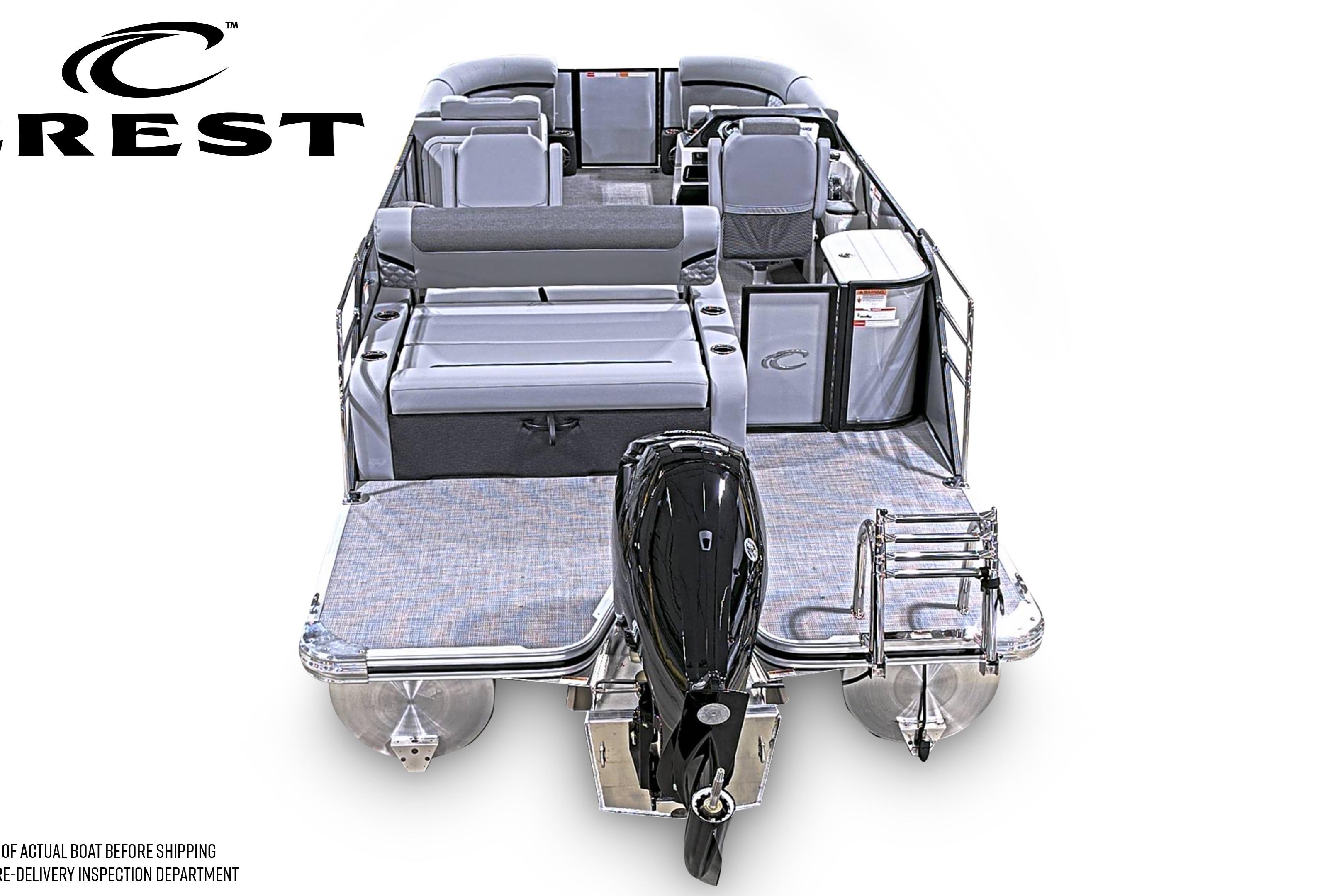 2026 Crest Conquest 230 SLSC pontoon boat, rear view, showcasing spacious seating and modern design.