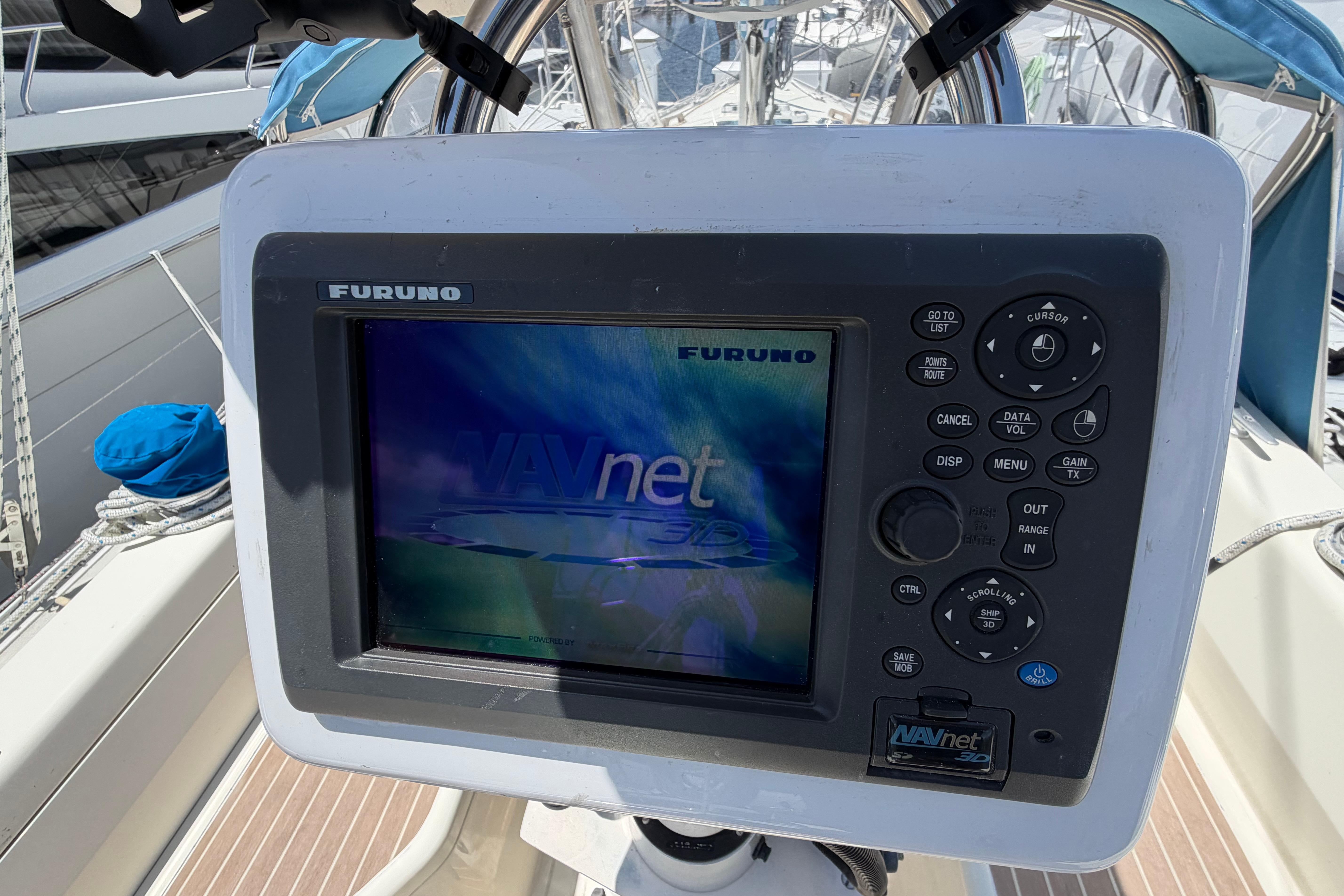 Furuno NAVnet display on 1987 Moody 376 sailboat, showing navigation controls and screen.