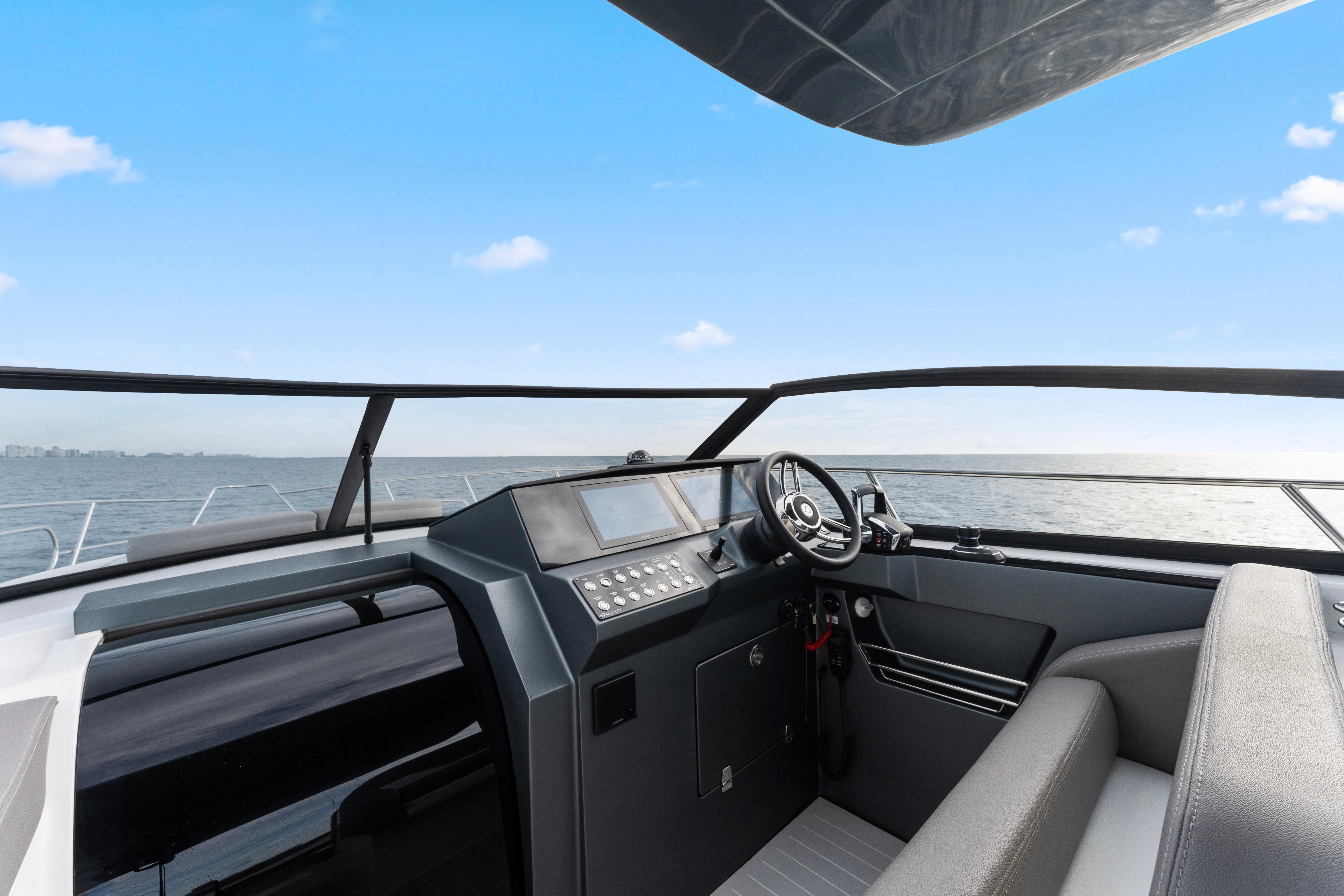 Modern Valiatt 380GT boat cockpit with sleek design, 2025 model, on open water.