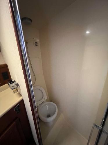 Bathroom with toilet and shower in a boat, compact and functional design.