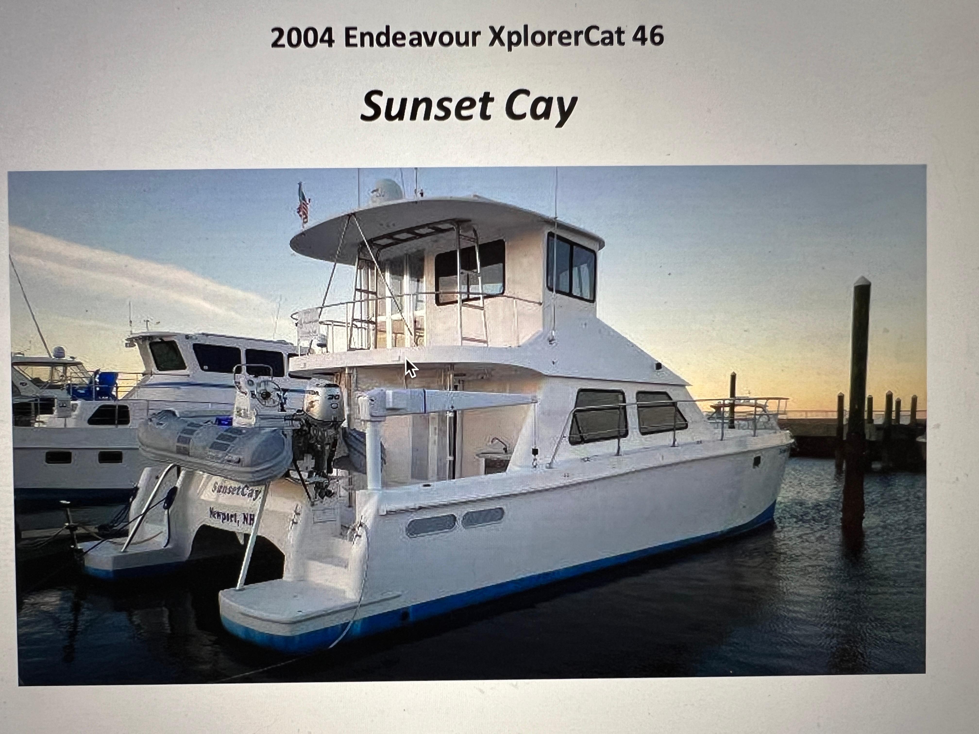 2004 Endeavour Explorer 46 PowerCat "Sunset Cay" docked at sunset.