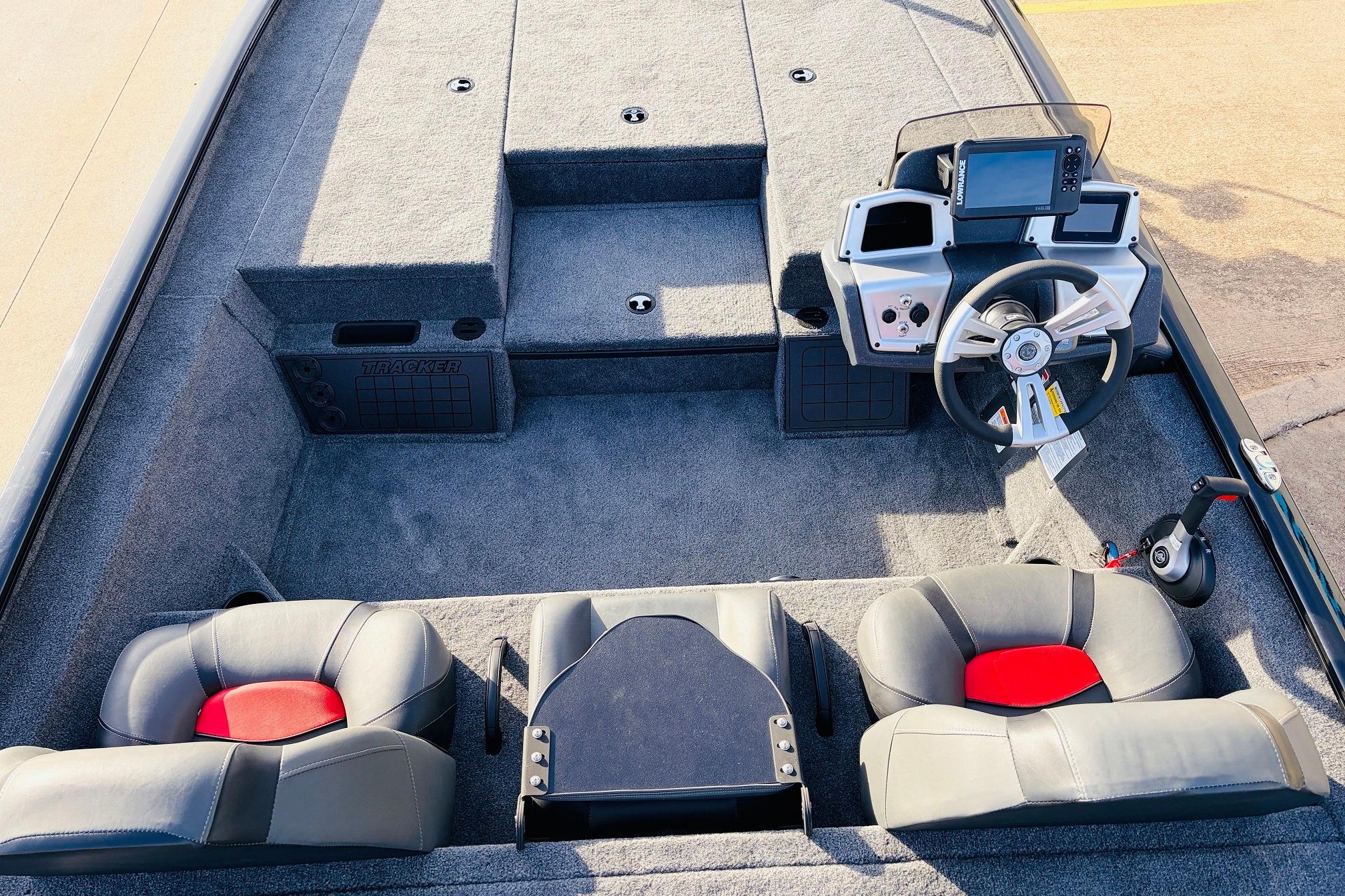 Interior of 2025 Tracker Savage 215 boat with modern steering and seating.