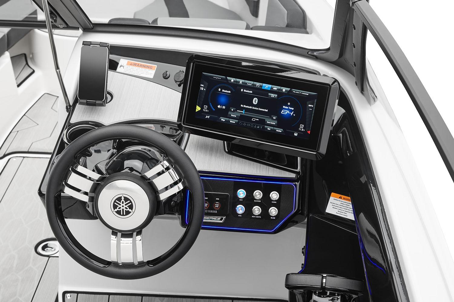 Manufacturer Provided Image: 2026 Yamaha Boats 222XD dashboard with touchscreen display and modern steering wheel.