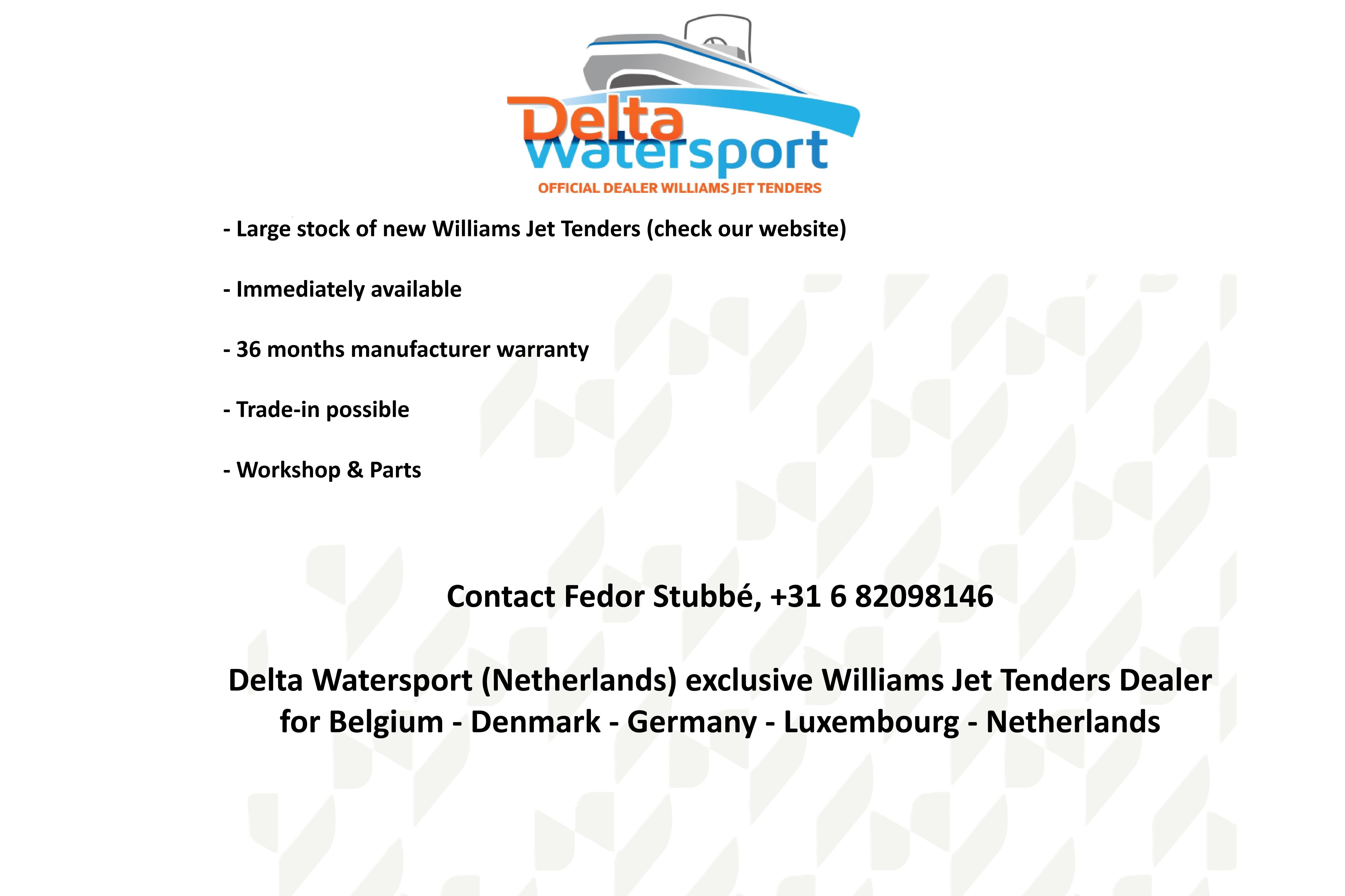 Delta Watersport offers 2026 Williams Jet Tenders Sportjet 435 with warranty and trade-in options.