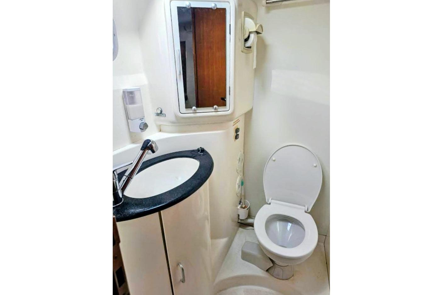 Compact bathroom in a 2007 Leopard 43 yacht, featuring a sink and toilet.