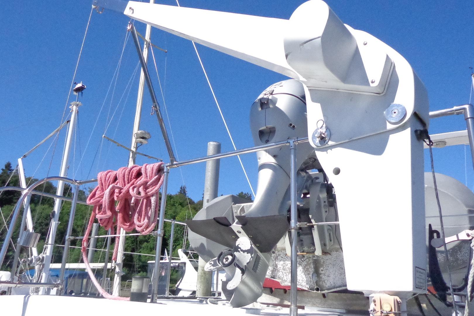 1992 Cruise-A-Home Corsair 4200 boat deck with equipment and coiled rope.
