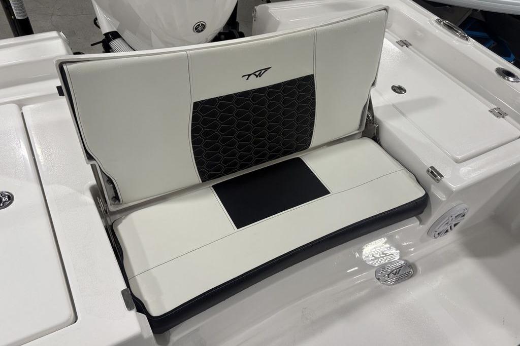 2026 Tidewater 2300 Carolina Bay boat seat with black and white upholstery design.