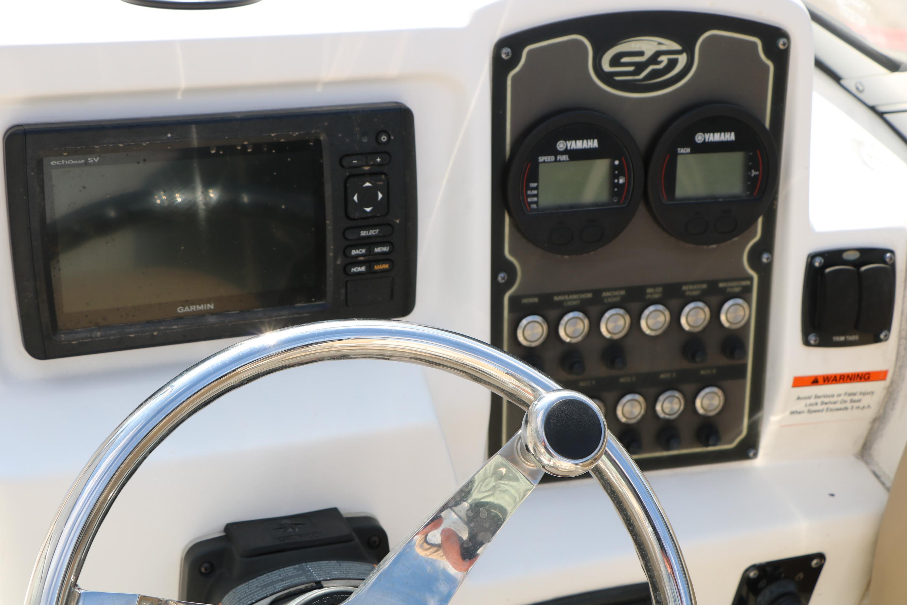 Dashboard of a 2017 Sea Fox 226 Traveler boat with Garmin navigation and Yamaha gauges.