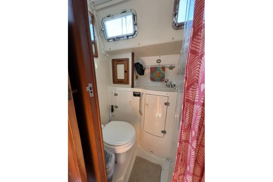 Compact bathroom in 2002 Saga 43 boat with toilet, sink, and colorful shower curtain.