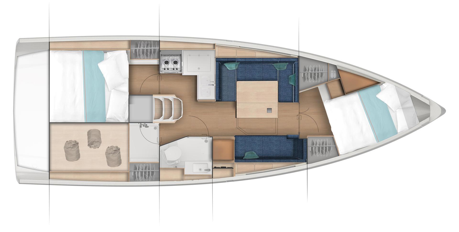 2024 Jeanneau 380 yacht interior layout with bedrooms, kitchen, and seating area.