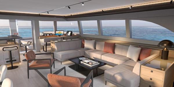 Luxurious Lagoon 83 yacht interior, 2025 model, featuring modern seating and ocean views.