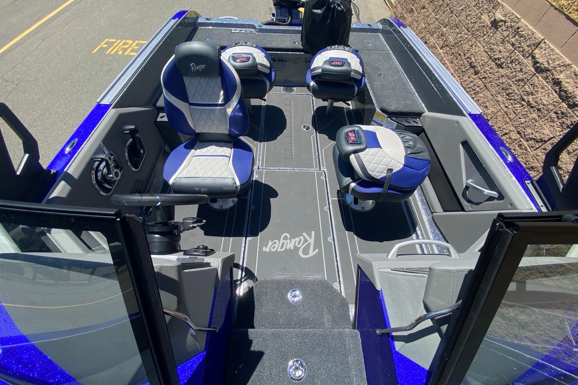 2026 Ranger 622FS Pro boat interior with blue and gray seating, showcasing modern design.