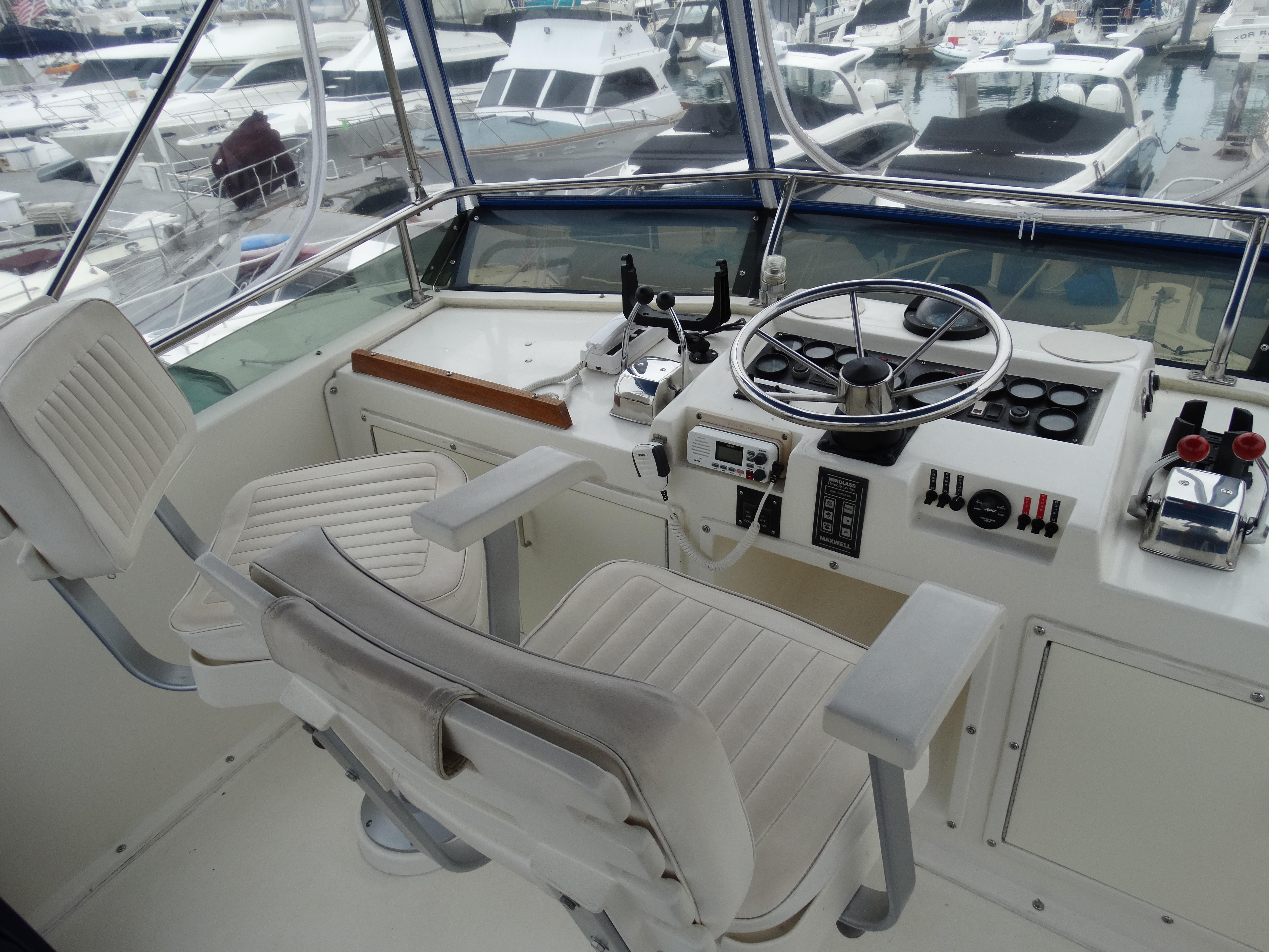 1991 Egg Harbor 33 Sedan cockpit with steering and controls.