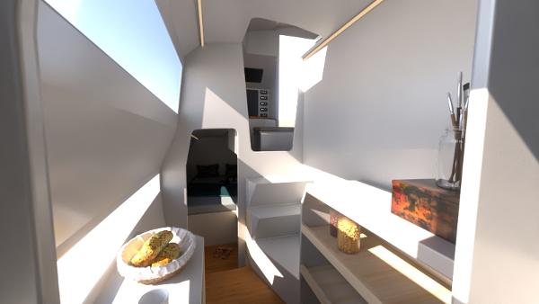 2024 Catamaran Cruisers Power Cat interior with modern kitchen and dining area.