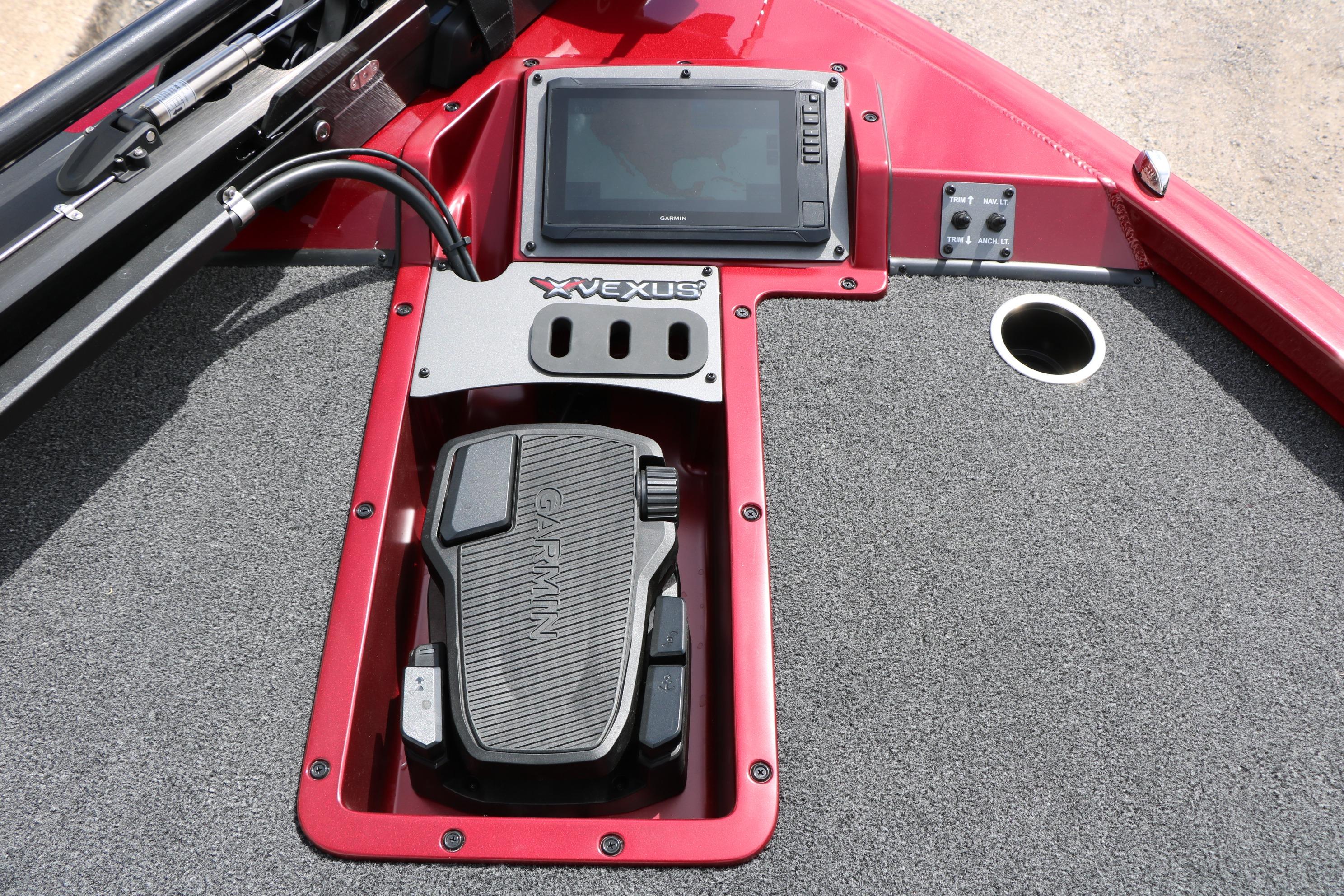 2026 Vexus AVX 1985s boat dashboard with Garmin device and control panel.