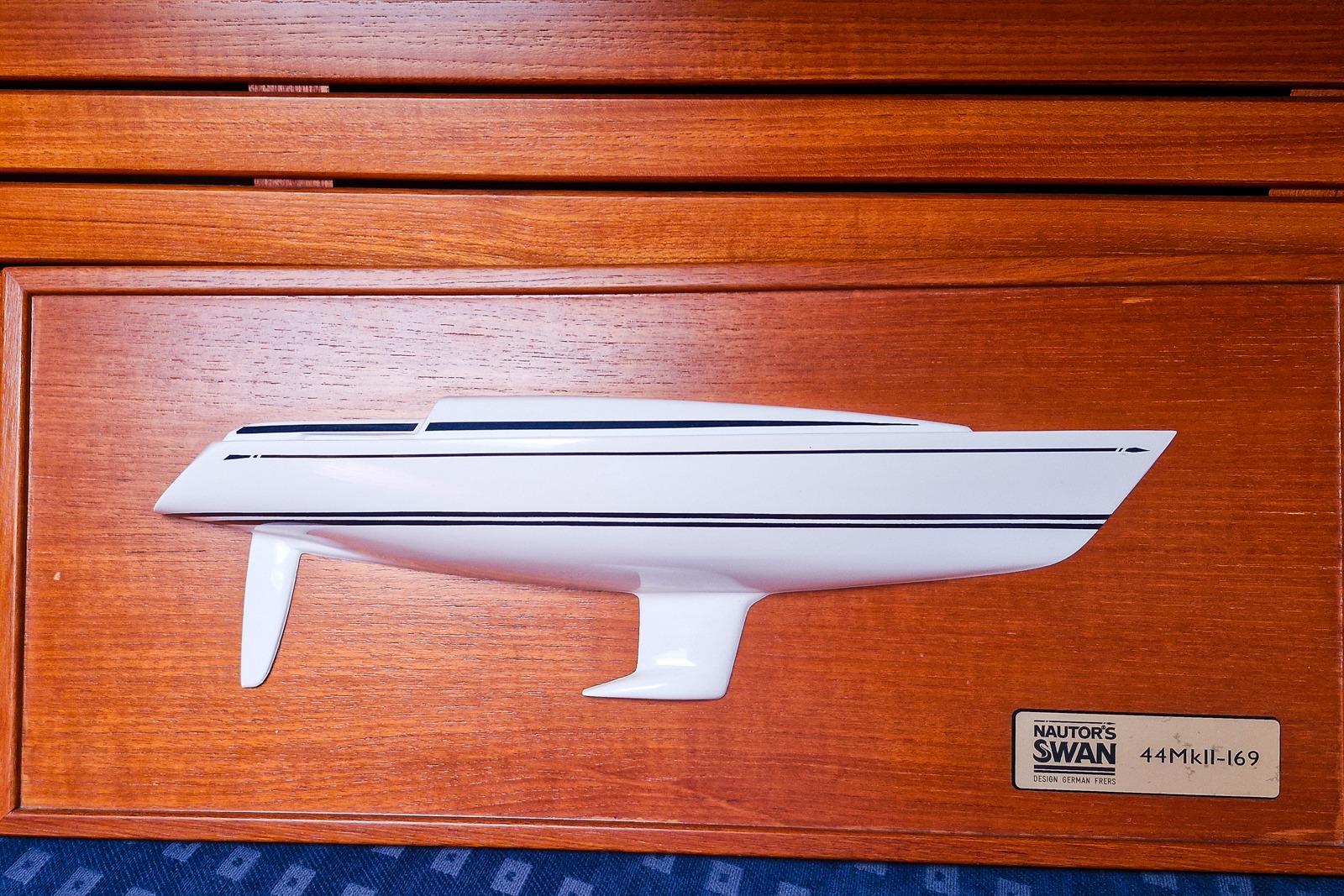 Model of Nautor Swan 44 yacht, 2002, mounted on wooden plaque.