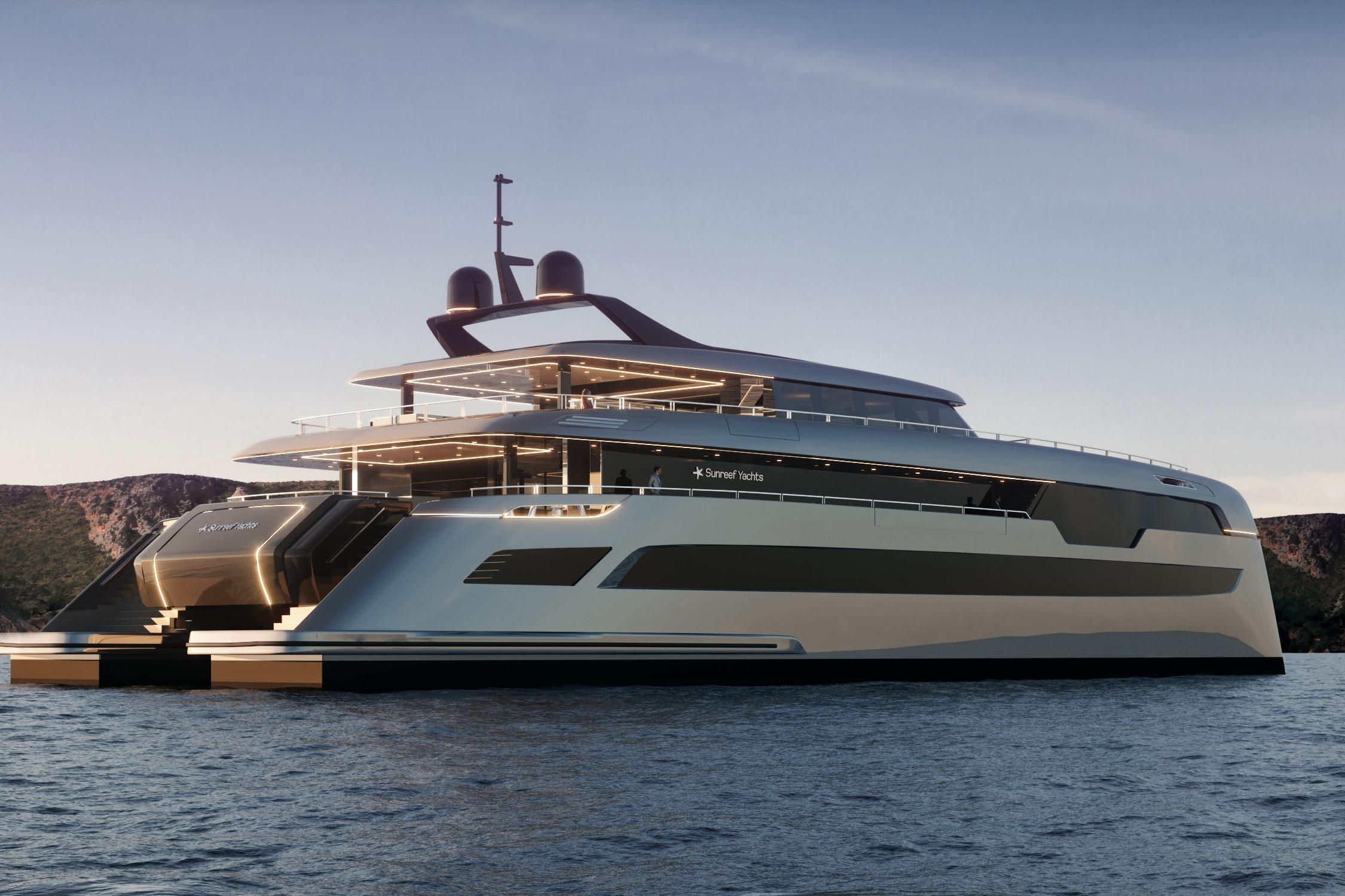 Luxurious 2026 Sunreef 49M Power yacht on serene water at sunset.