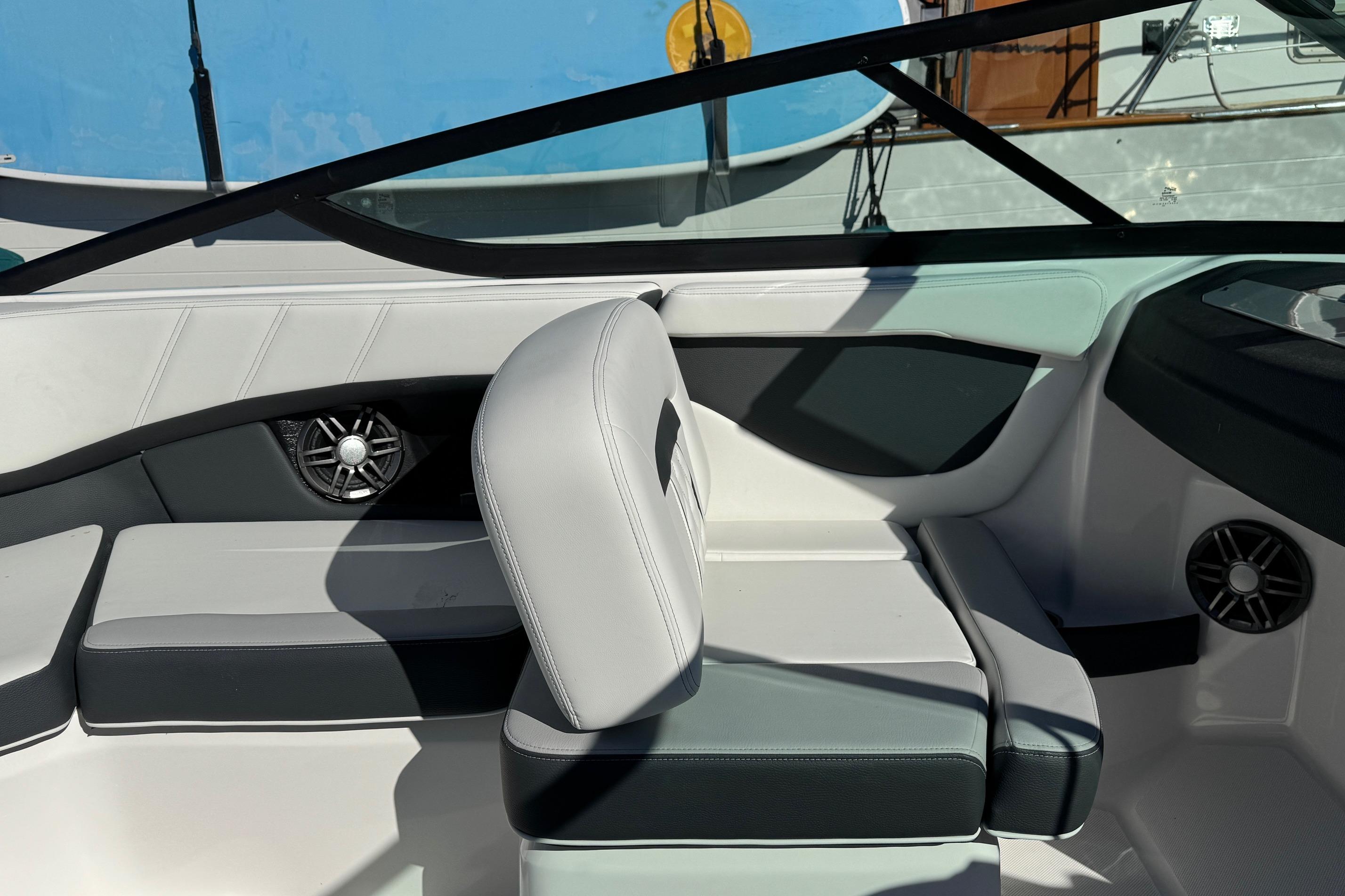 Interior of 2026 Regal 21 OBX boat with modern seating and speaker system.