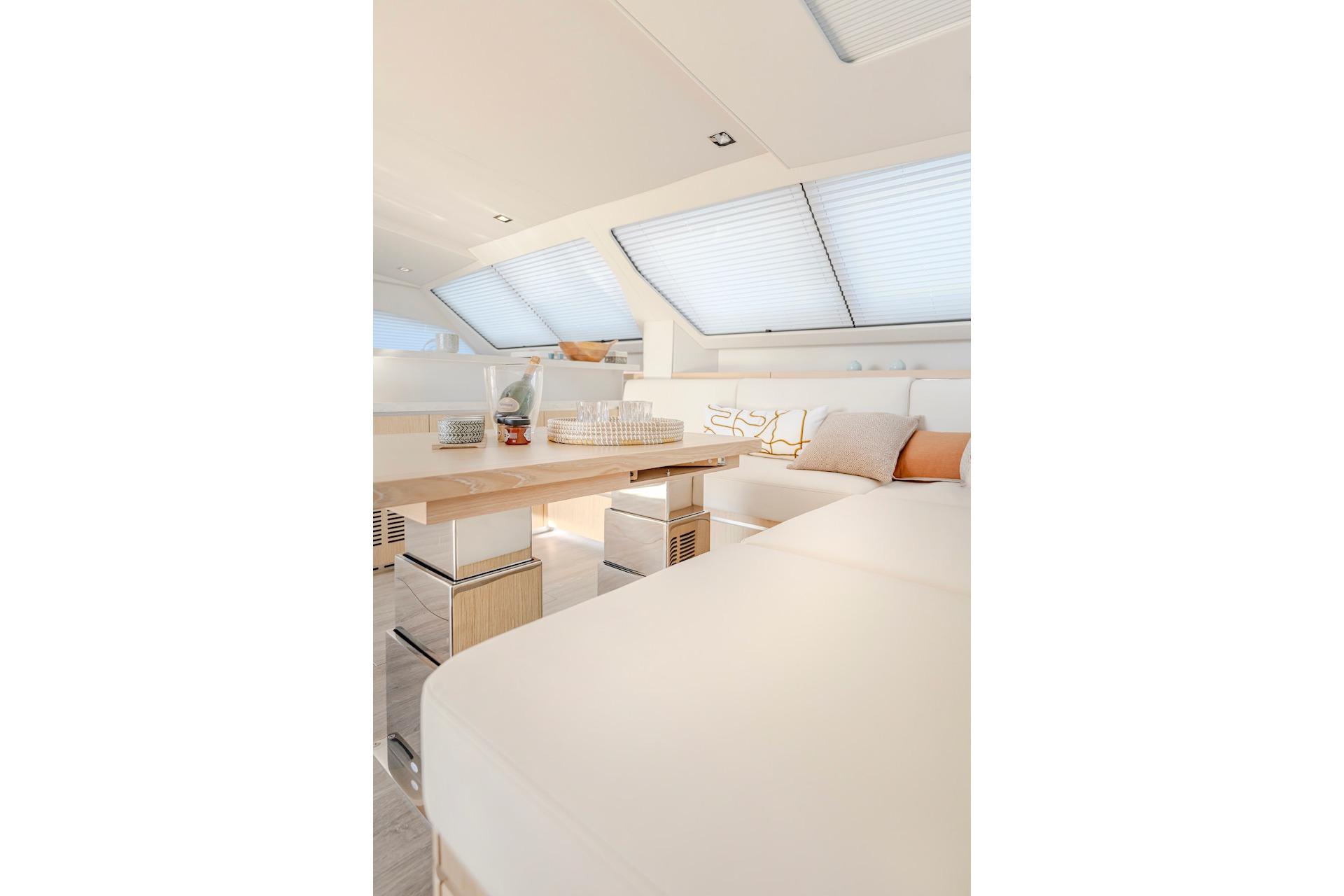 Interior of Privilege Signature 510 yacht, modern and luxurious, year 2025.