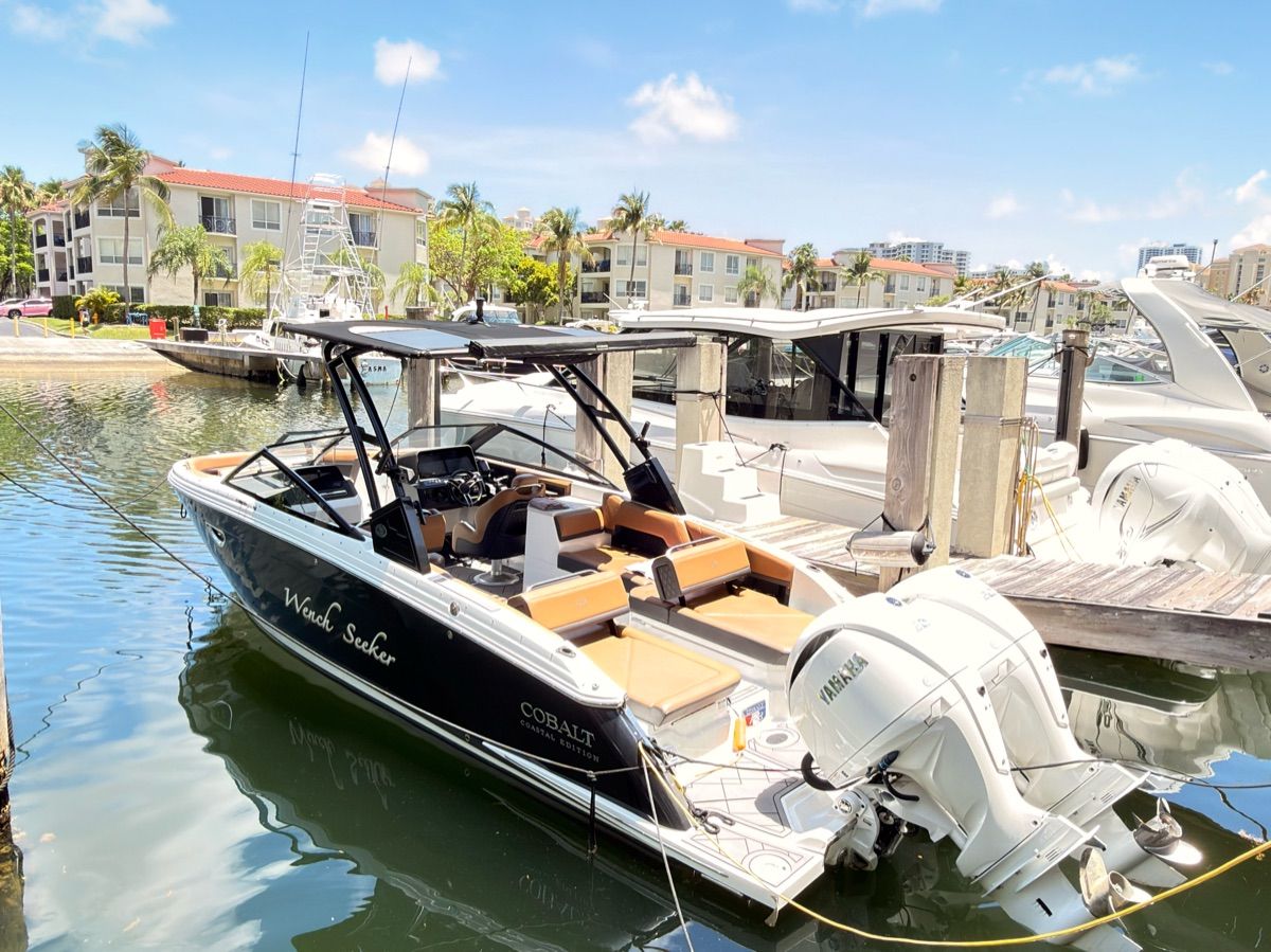 A sleek 2024 Cobalt R8 Outboard boat docked in a sunny marina.
