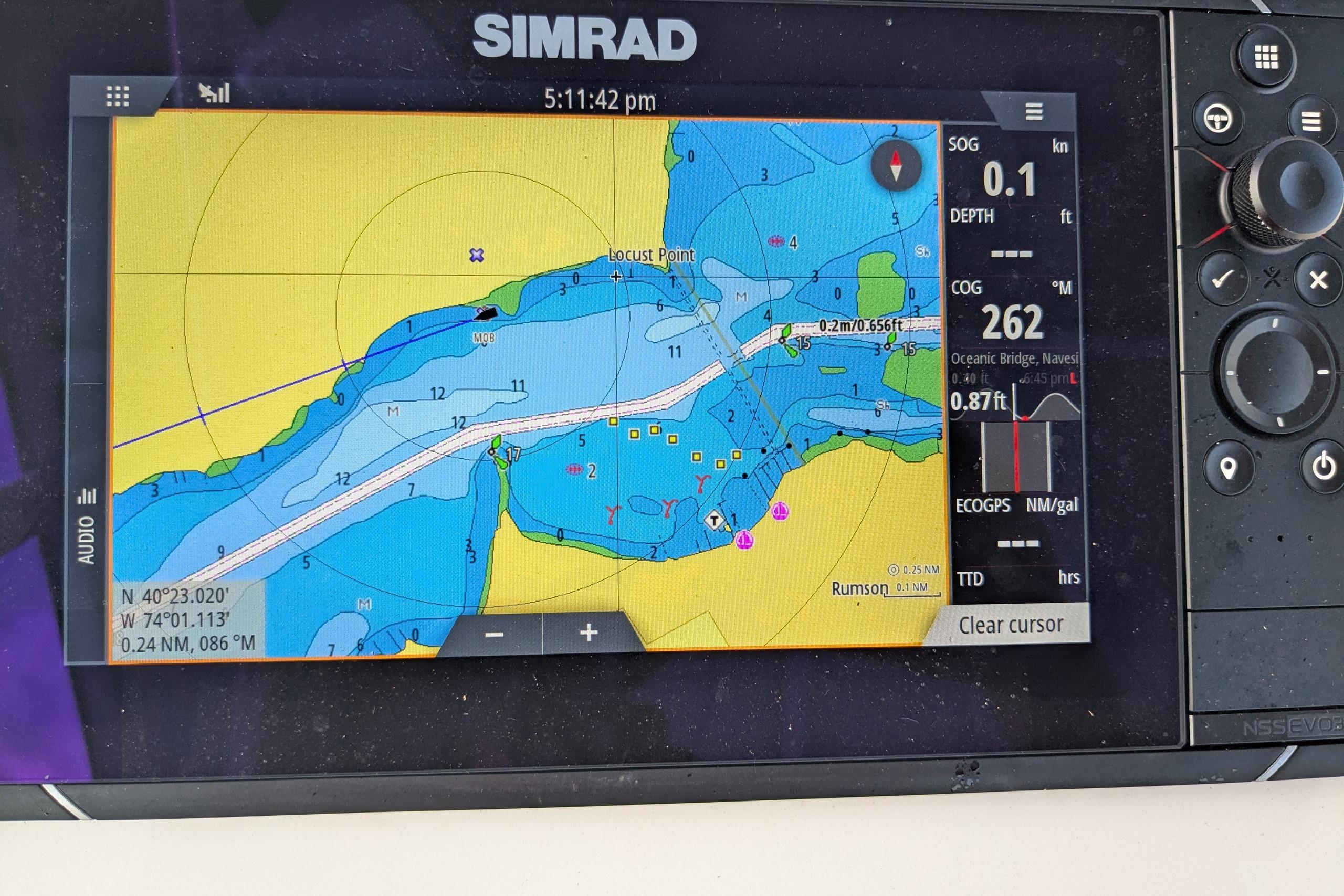 Simrad navigation display showing nautical chart on Brig E780, 2016 model.