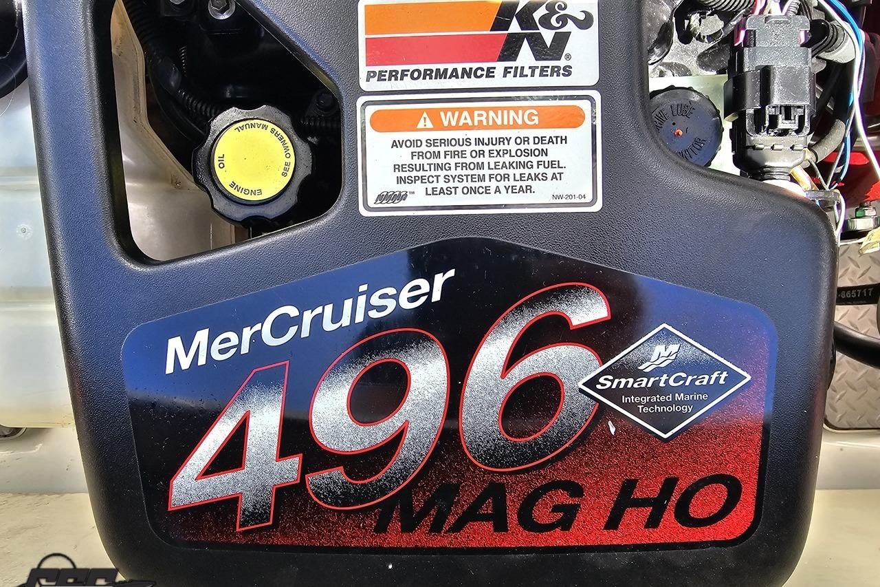 Engine cover of a 2005 Formula 271 FASTech with MerCruiser 496 MAG HO branding.