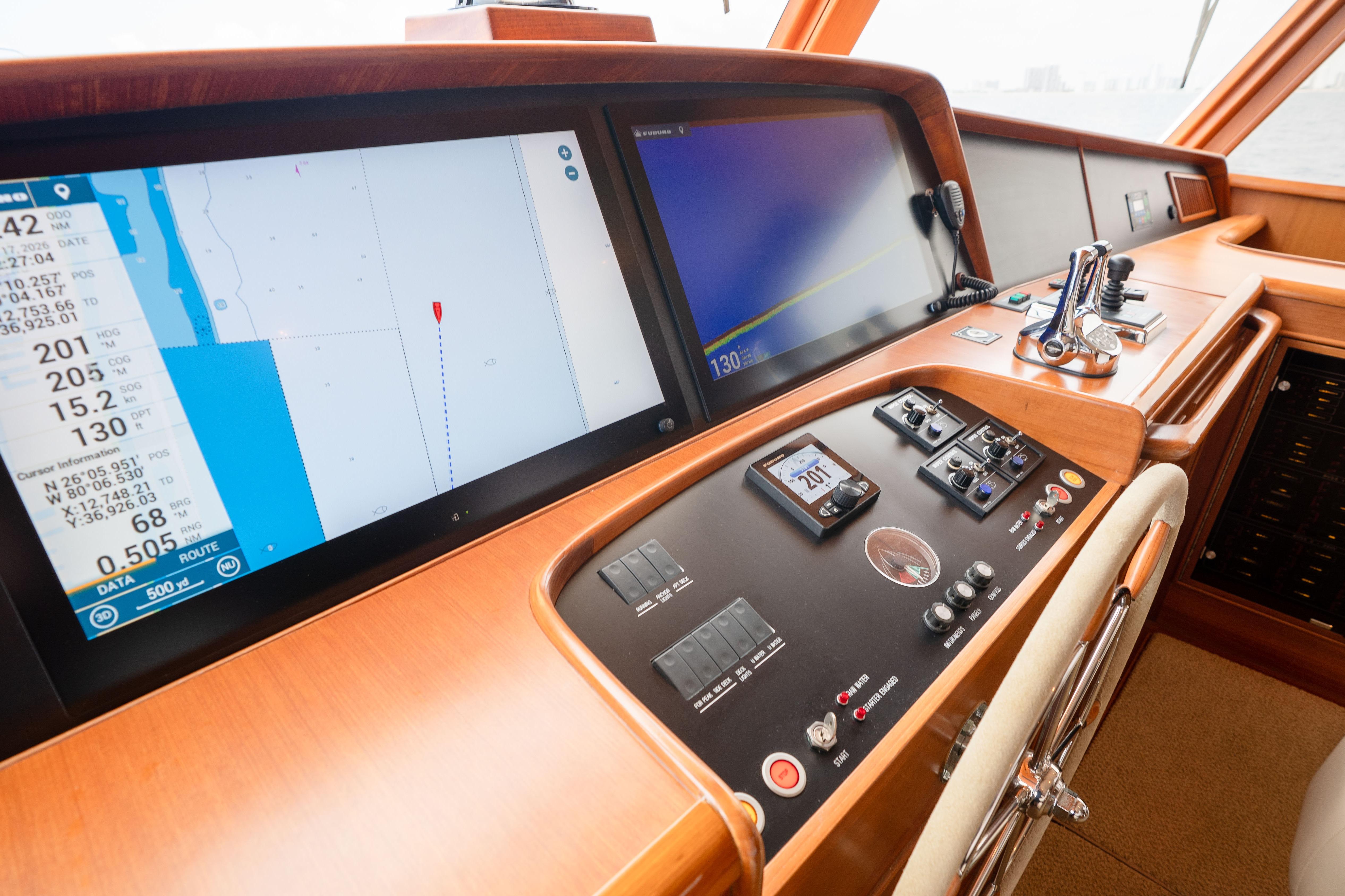 Helm of 2006 Fleming 75 yacht with navigation screens and controls.