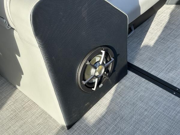 Speaker on Montara Surf Boss 2.0 25 boat, 2025 model, with gray upholstery.