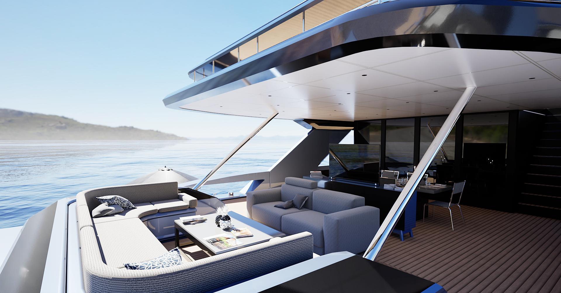 Luxury yacht Naval Yachts LXT140, 2027, with stylish outdoor deck and sea view.