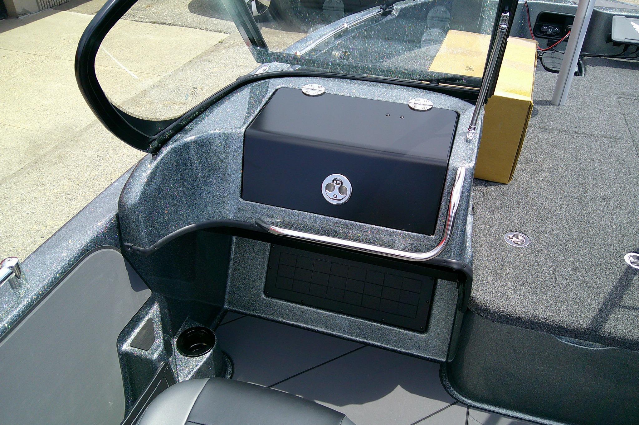Interior of a 2026 Nitro ZV19 Sport boat, featuring a sleek dashboard design.