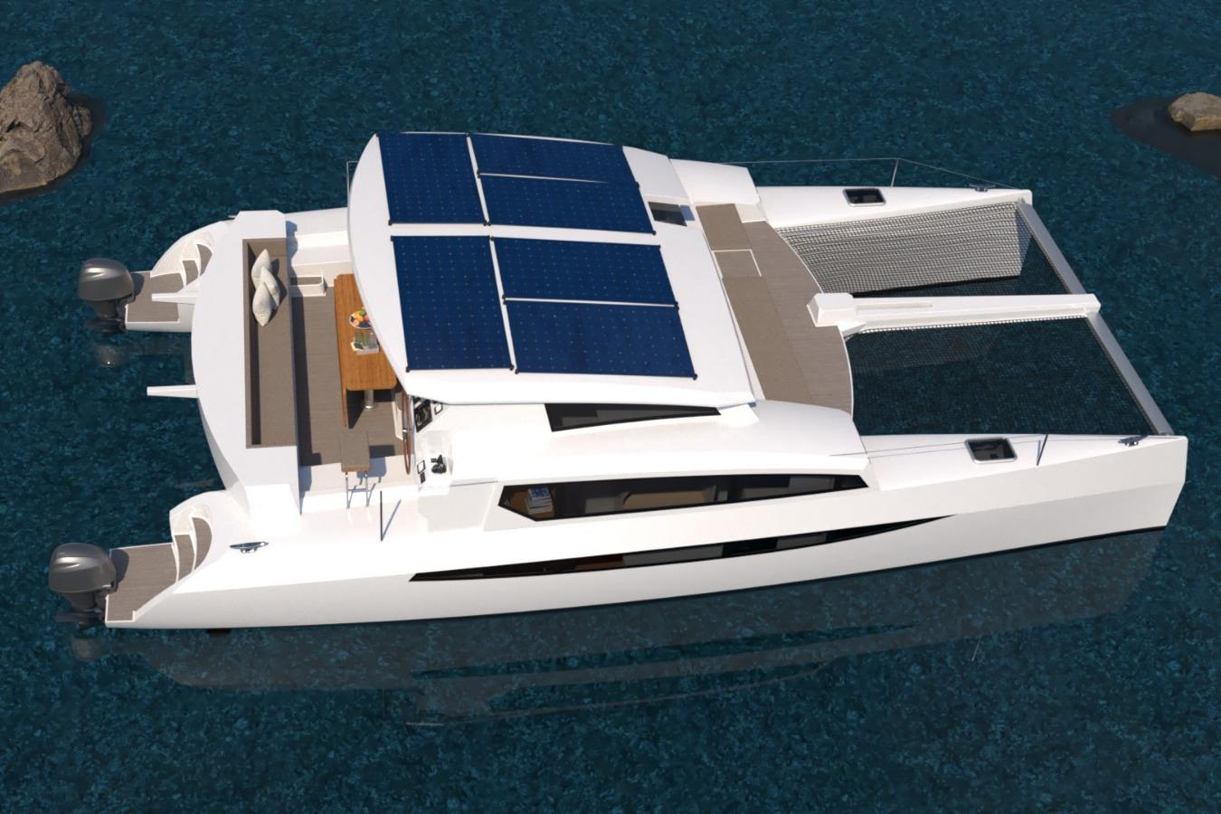 2026 Catamaran Cruisers Power Cat with solar panels on blue water.
