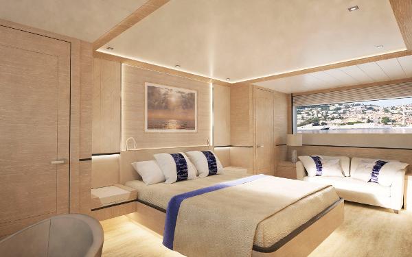 Luxurious yacht bedroom interior, Custom PROJECT ABACOS 2025, modern design with scenic window view.