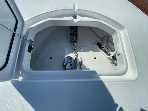 2025 Mag Bay 43 Center Console anchor locker with chain and windlass.