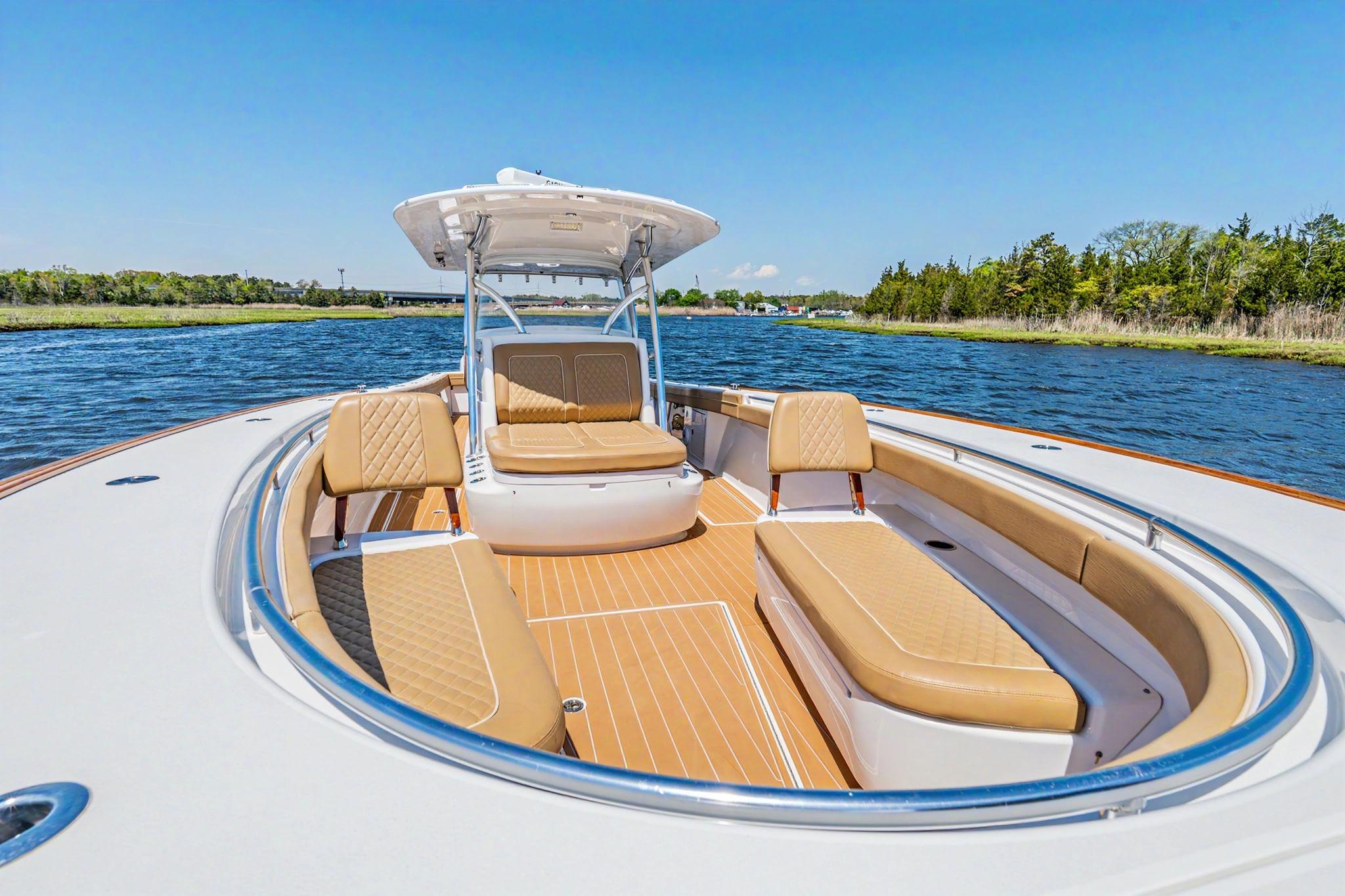 2021 Valhalla Boatworks V-41 on water, featuring spacious seating and sleek design.
