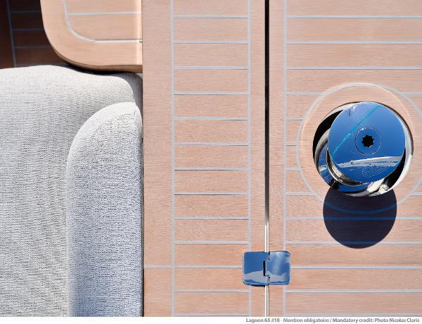 Modern yacht interior detail, Lagoon SIXTY 5, 2025 model, featuring sleek design elements.