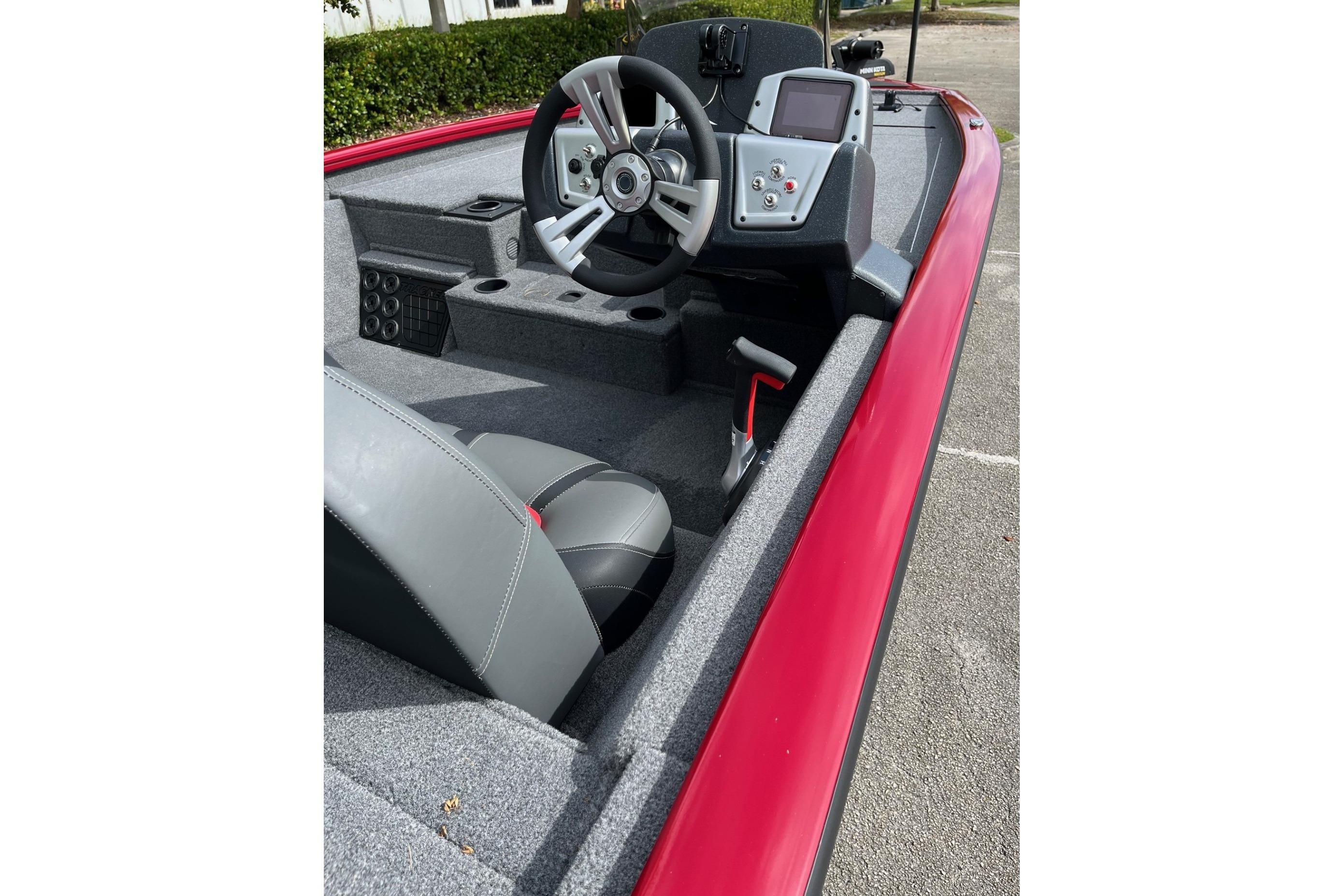 2025 Tracker Pro Team 195 Tournament Edition boat interior with steering wheel and controls.