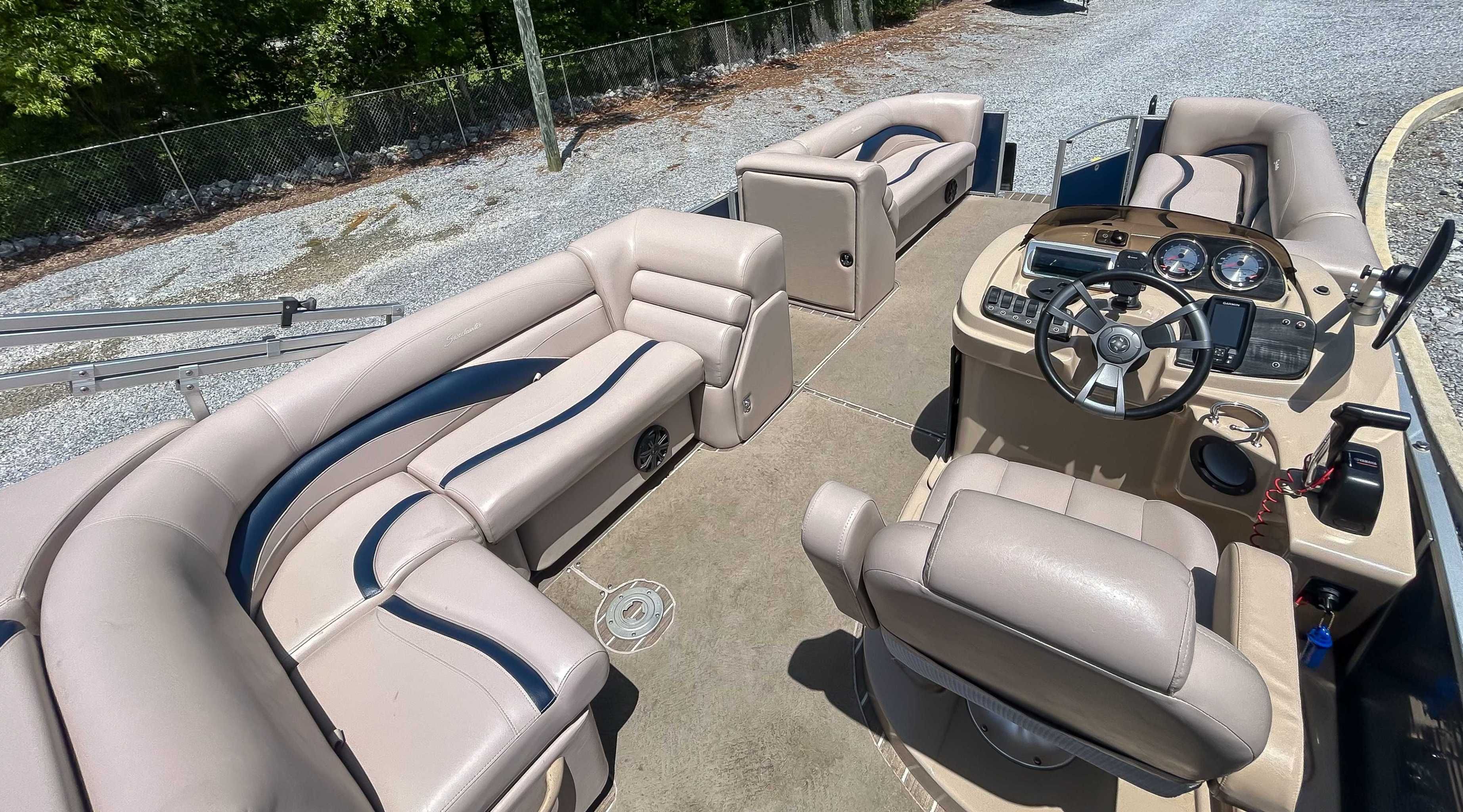 Interior view of a 2014 Sweetwater 200 Premium Edition pontoon boat.